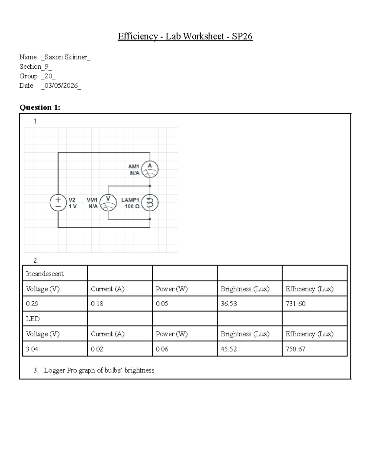 Efficiency Lab Worksheet SP26: Incandescent vs. LED Analysis - Studocu