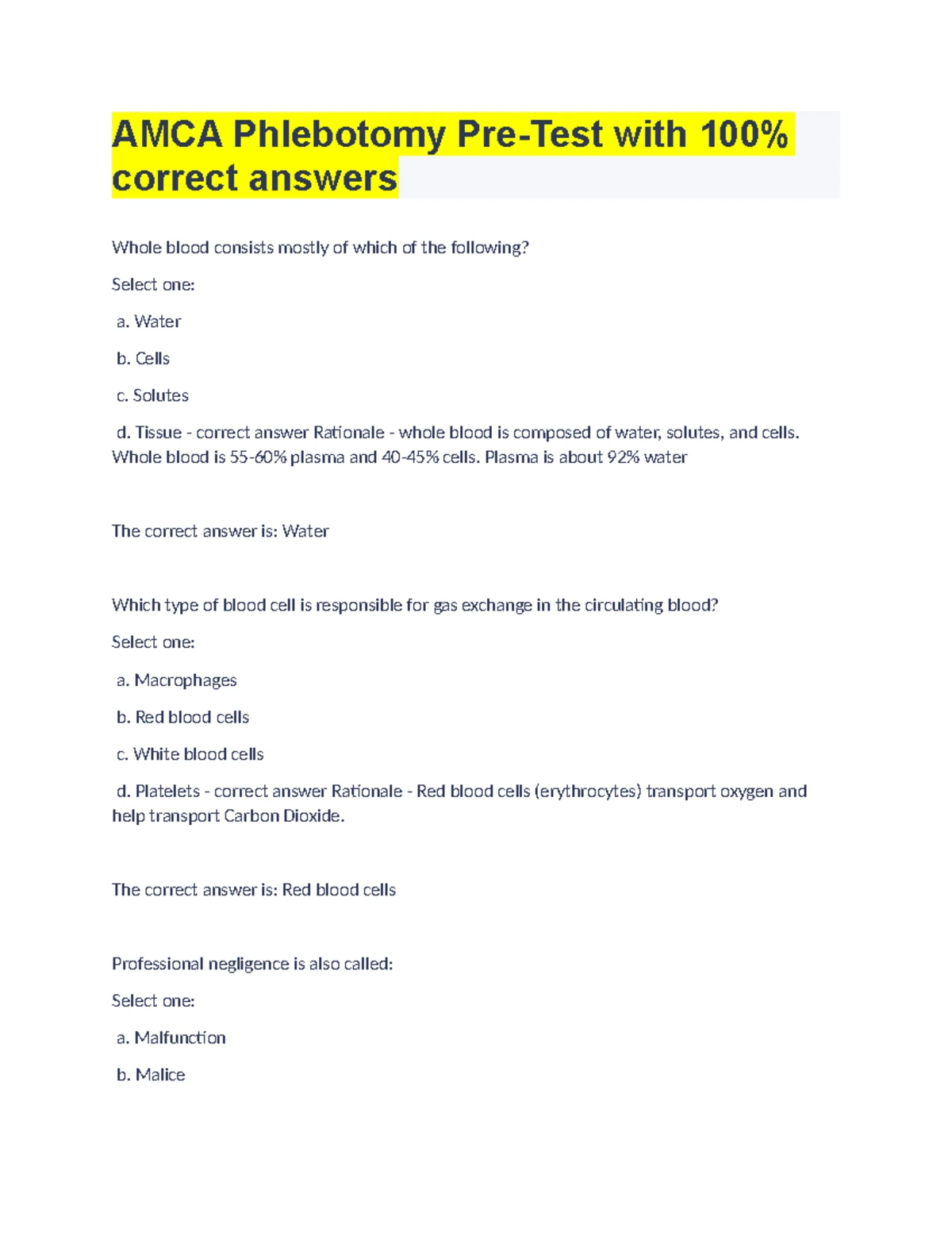 AMCA Phlebotomy Exam Review: Quiz Solutions & Key Concepts - Studocu