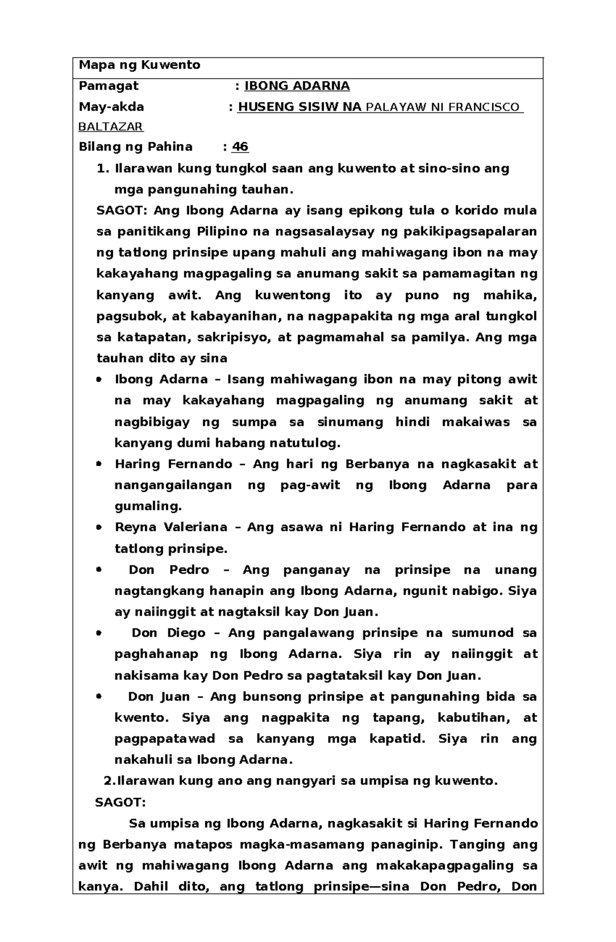 Book Report: Ibong Adarna (Filipino 101) - Analysis and Summary - Studocu