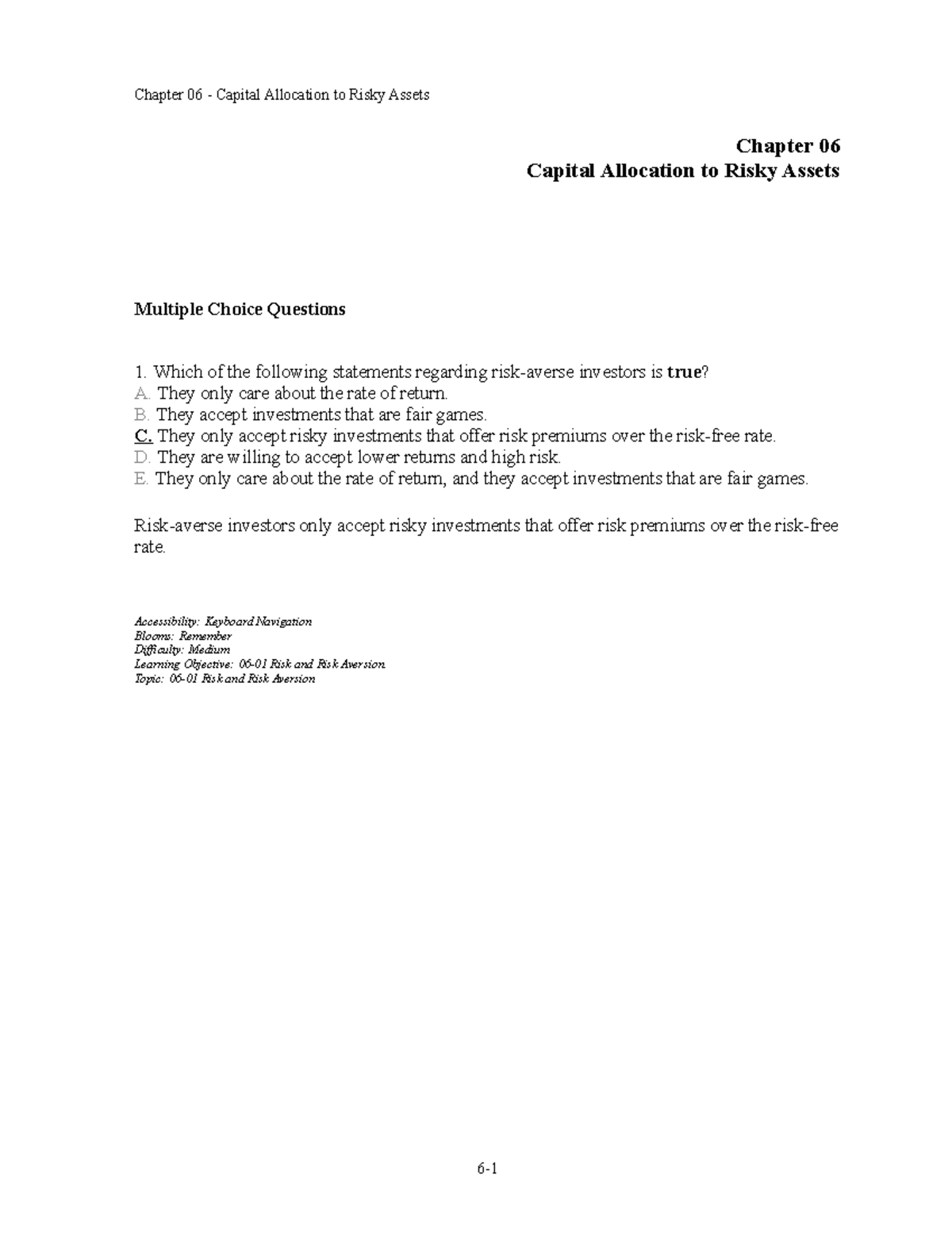 Chap006 - practice - Chapter 06 Capital Allocation to Risky Assets ...