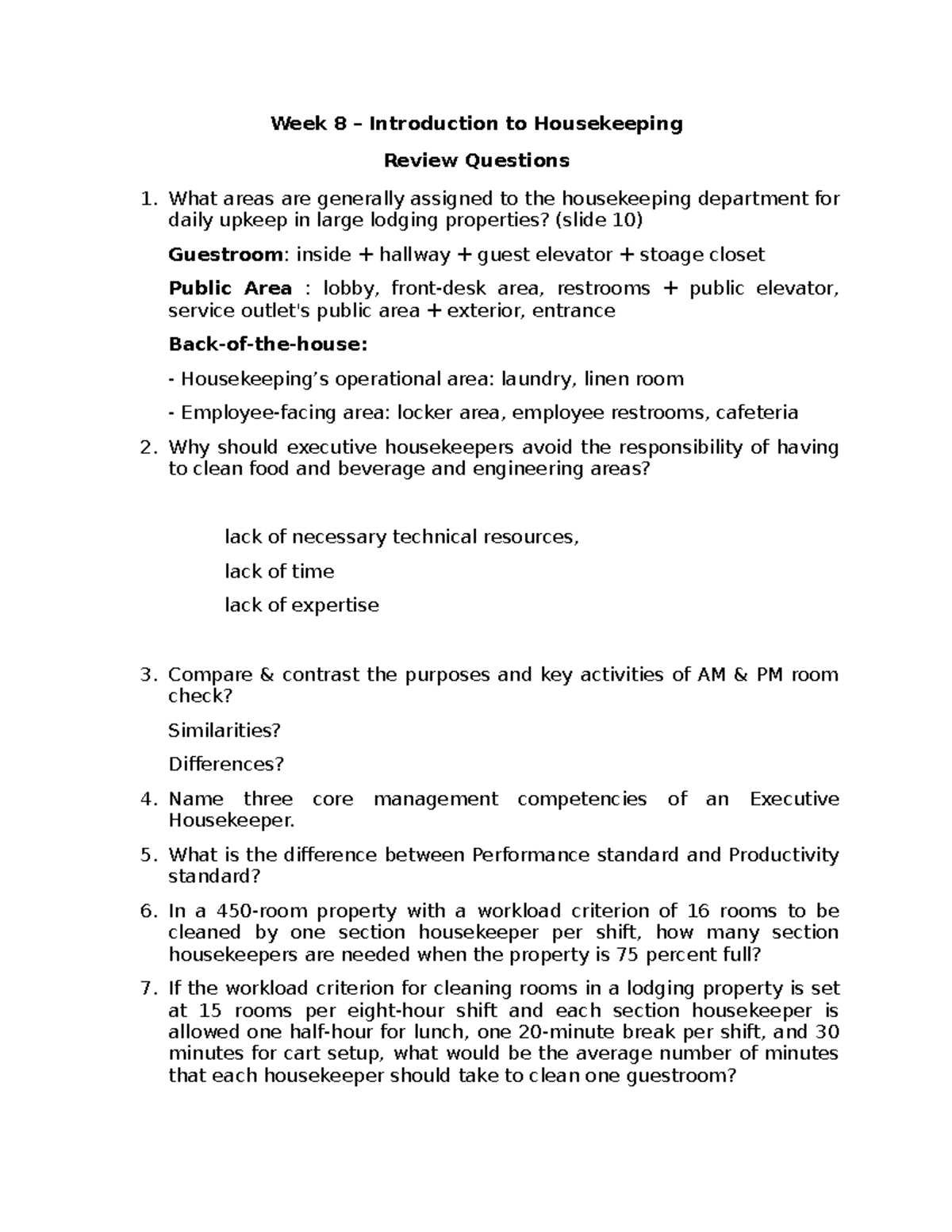 Week 8 Housekeeping Review Questions and Key Concepts - Studocu