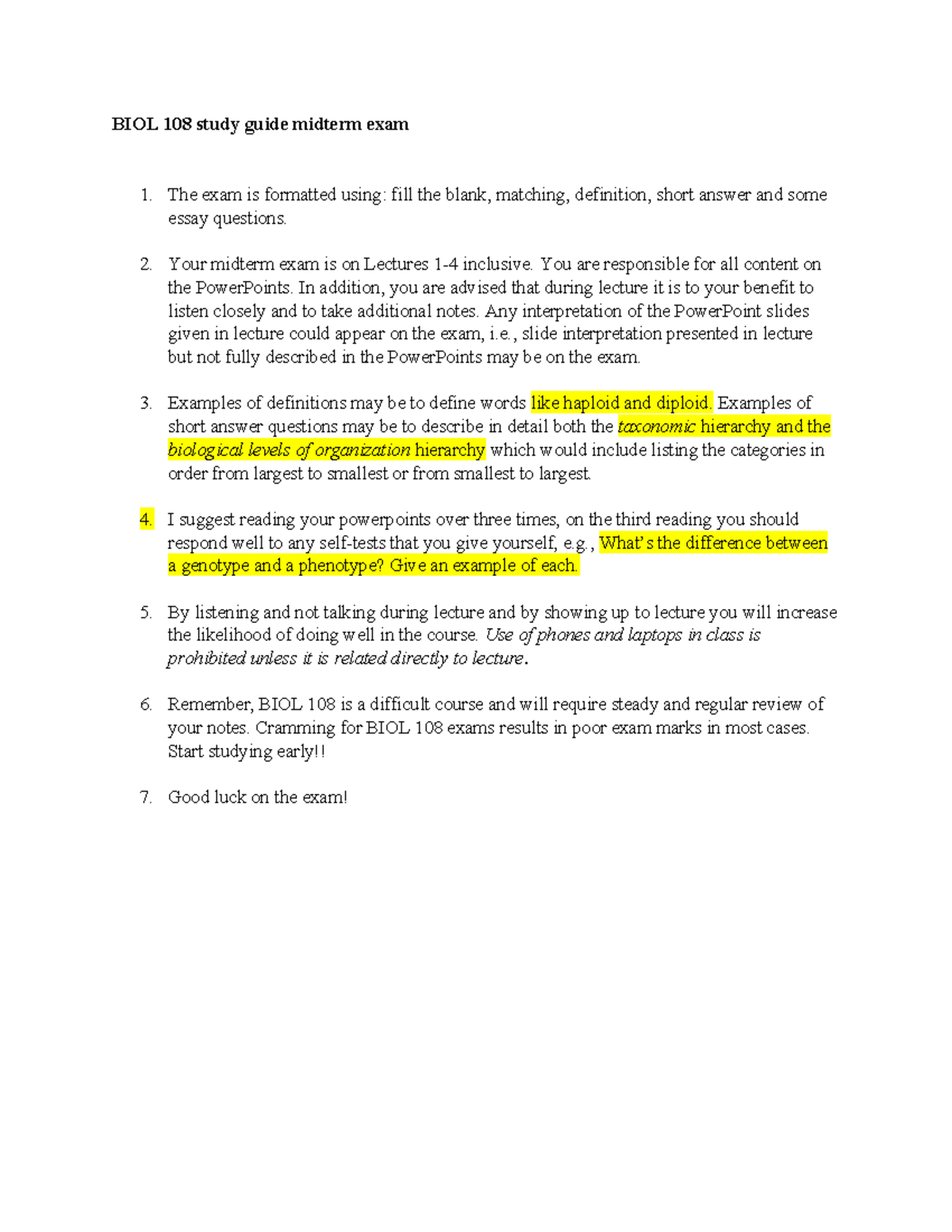 BIOL 108 Midterm Exam Study Guide W23: Key Topics & Tips - Studocu