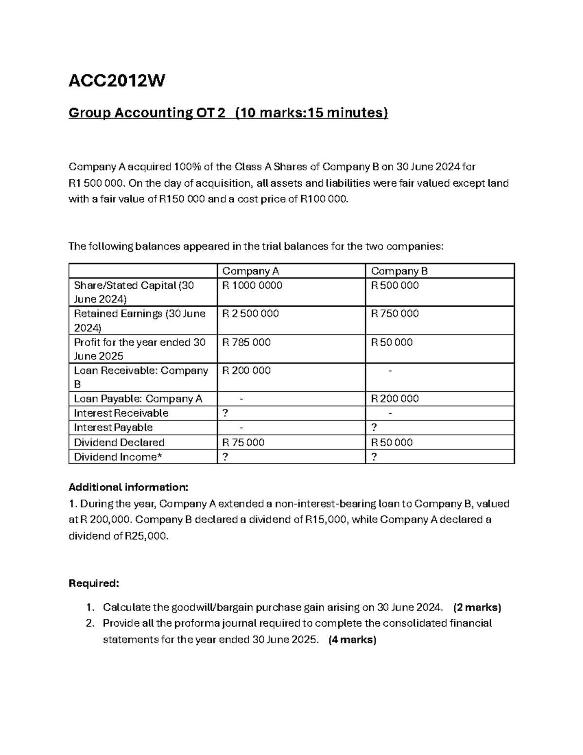 ACC2012W Group Accounting OT 2: Company A & B Consolidation Analysis ...
