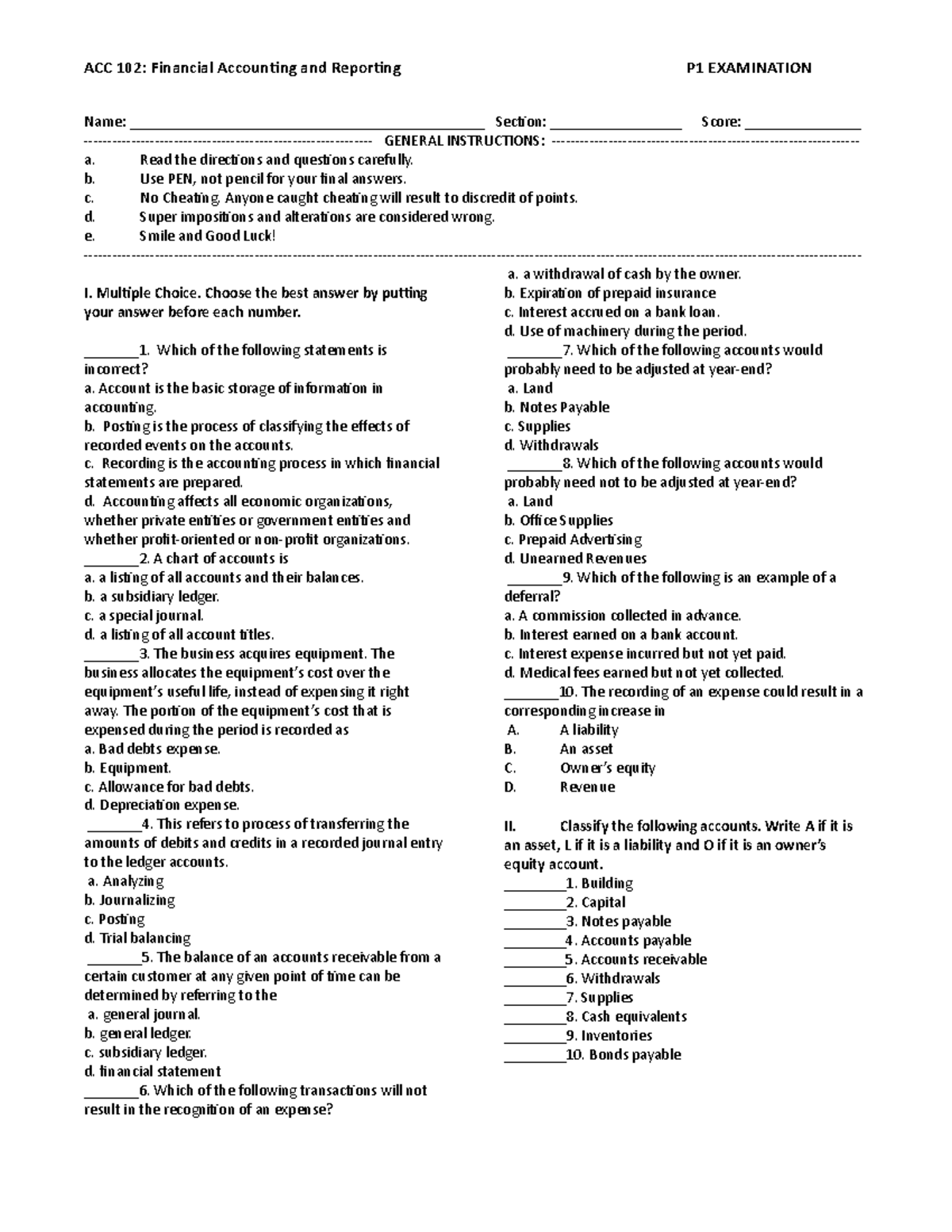 ACC 102 P1 FINAL EXAM - Fundamental of Financial Accounting - Studocu