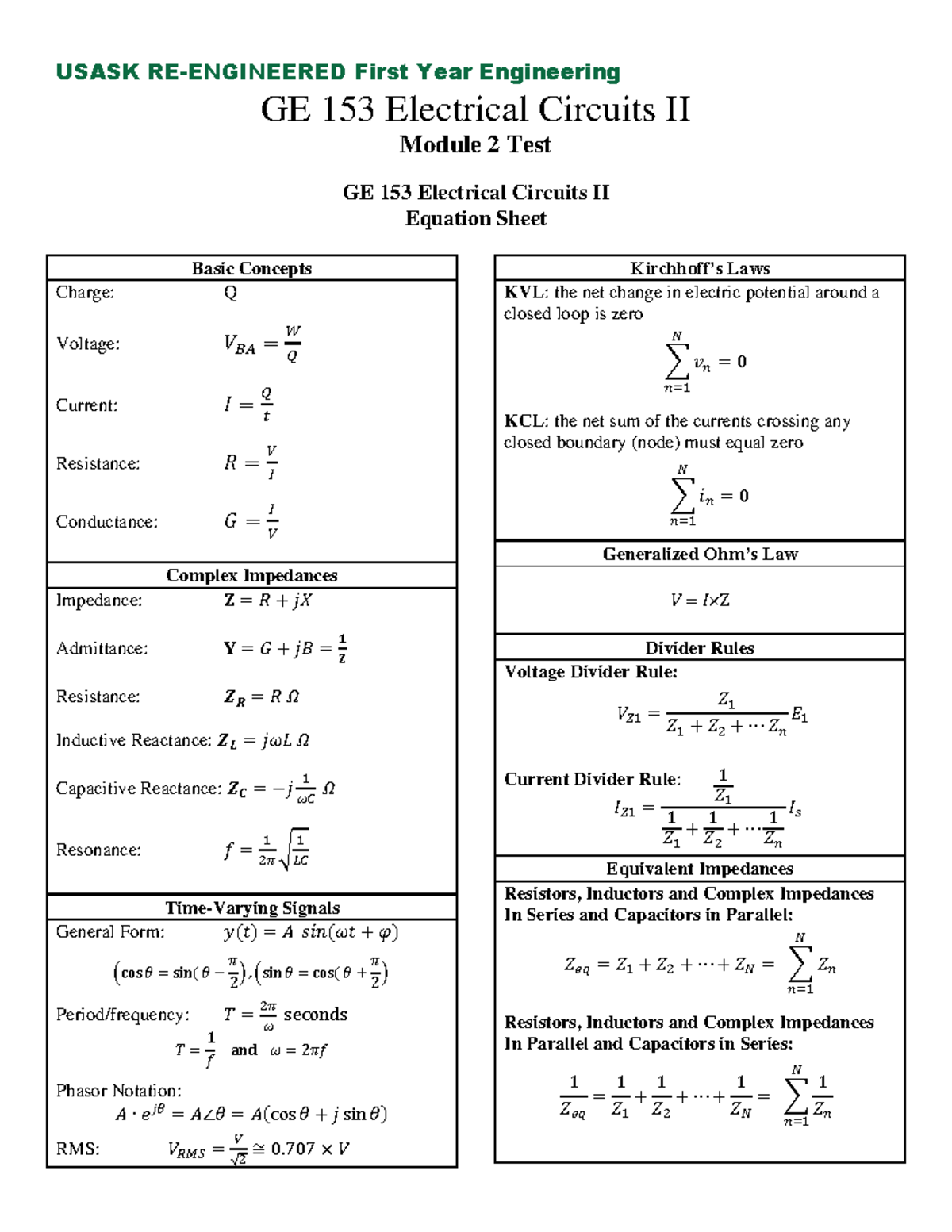 USASK GE 153 Electrical Circuits II Module 2 Test & Equation Sheet ...