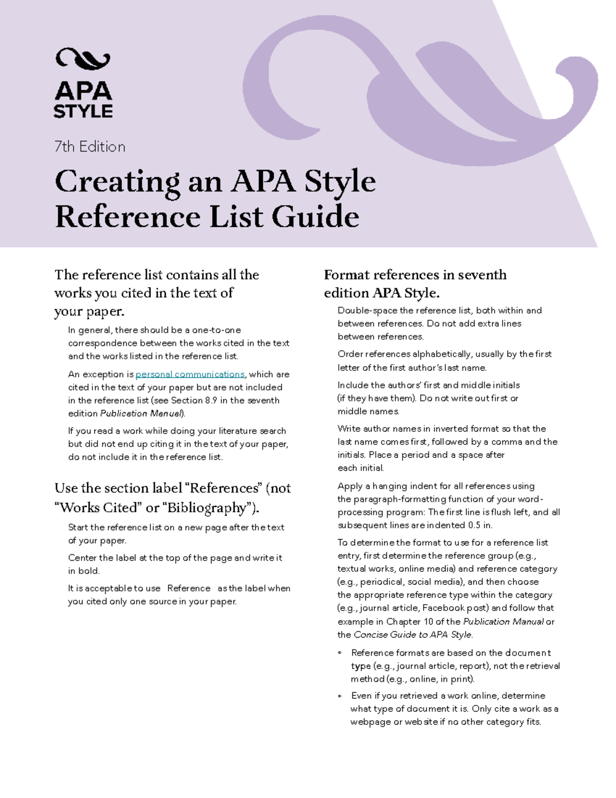 APA 7th Ed Reference List Formatting Guide for Citing Sources - Studocu
