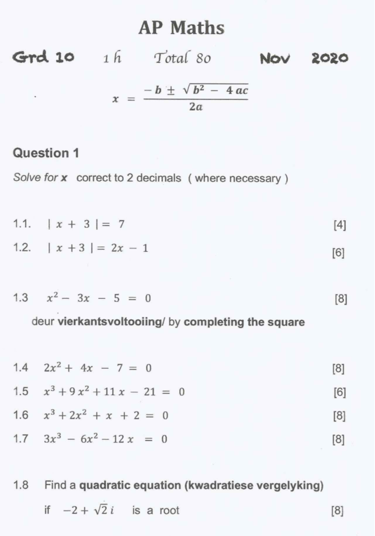 AP Maths Grd 10 Final Exam Nov 2020 - Question Solutions & Memo - Studocu