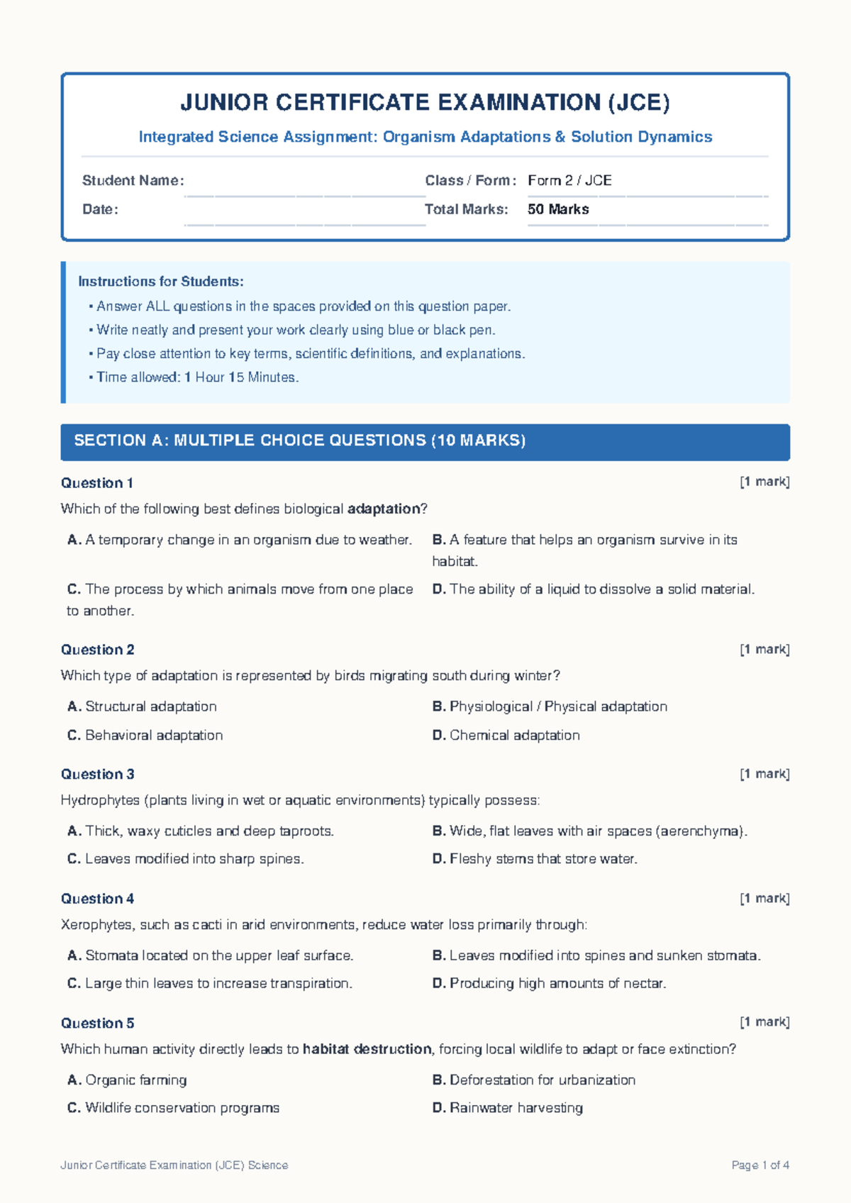 JCE Integrated Science Assignment: Organism Adaptations & Solution ...