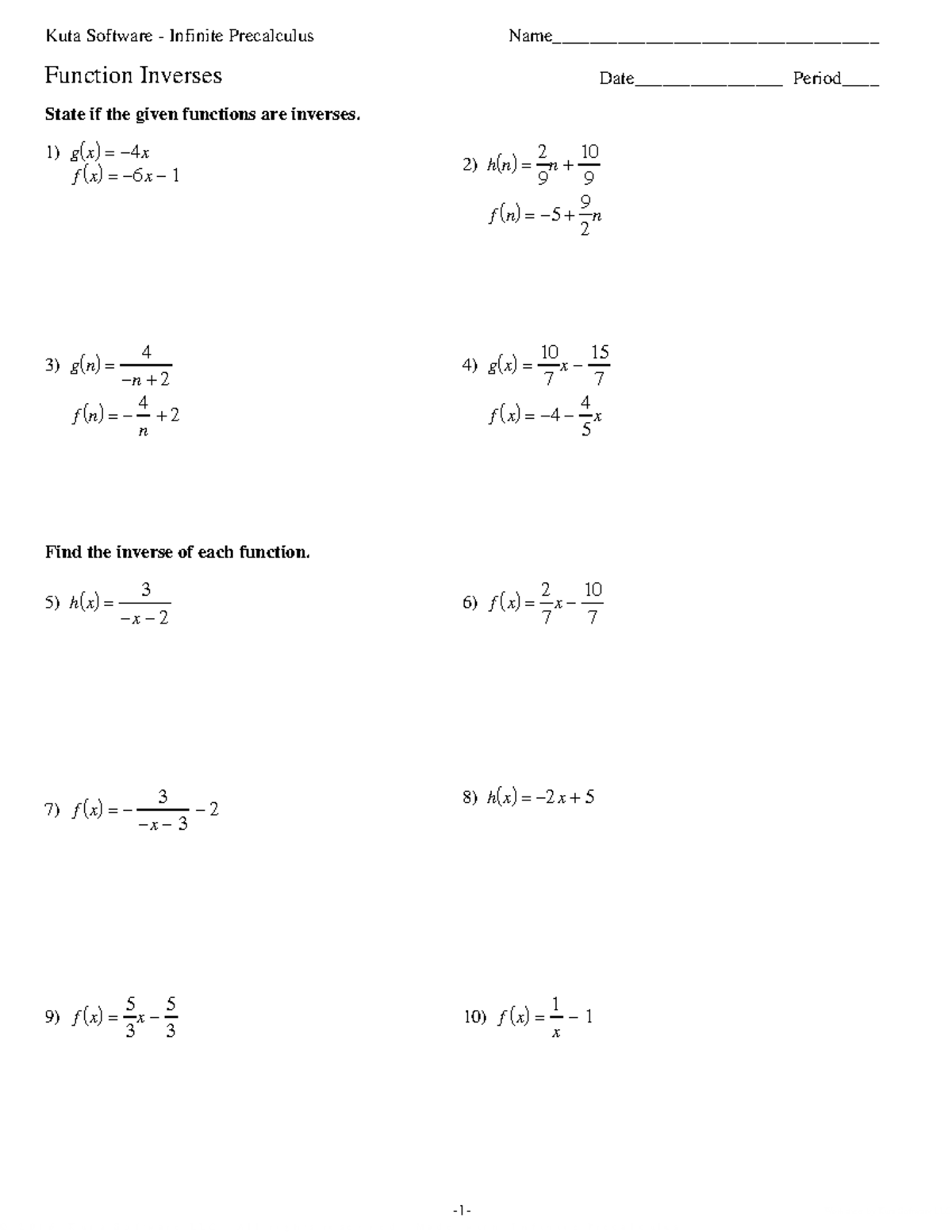 Function Inverses Practice - Kuta Software Worksheet - Studocu