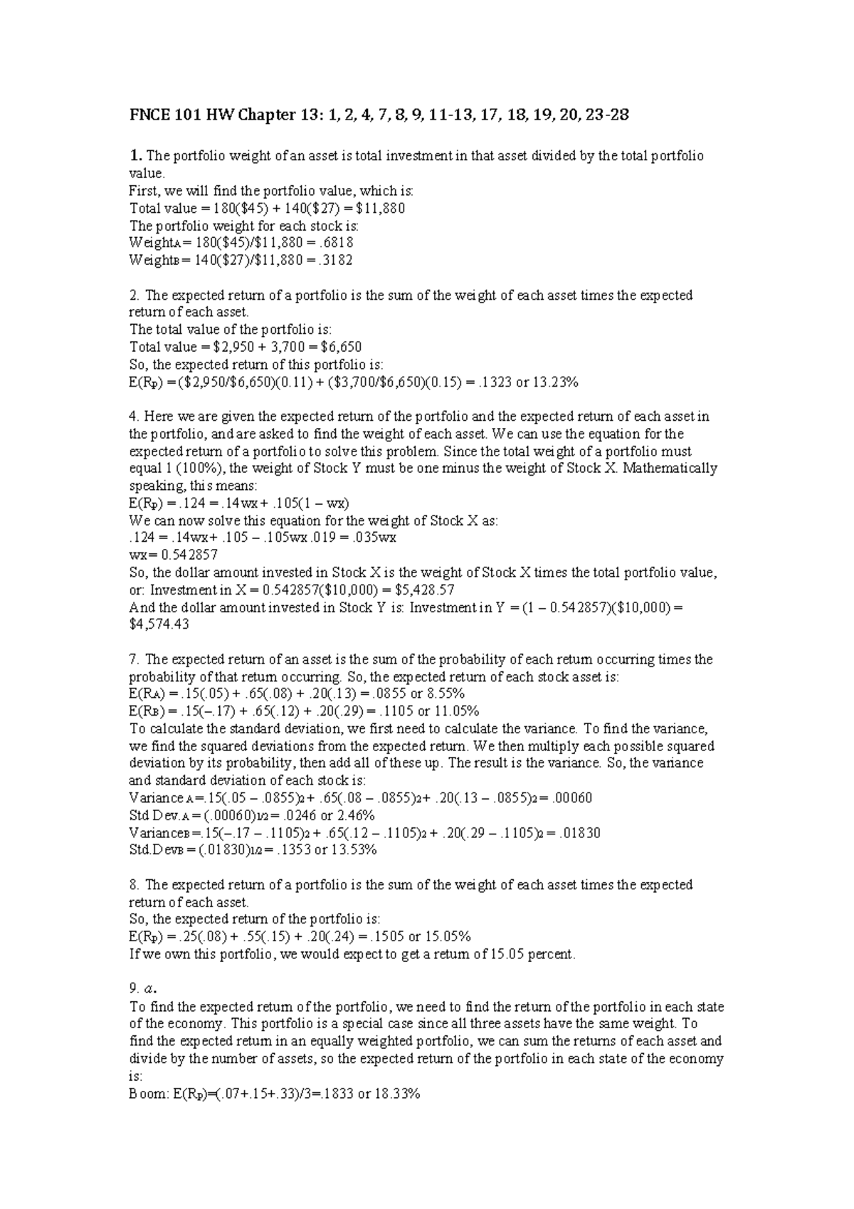 FNCE 101 HW Chapter 13 Solutions: Problems 1-28 Analysis - Studocu