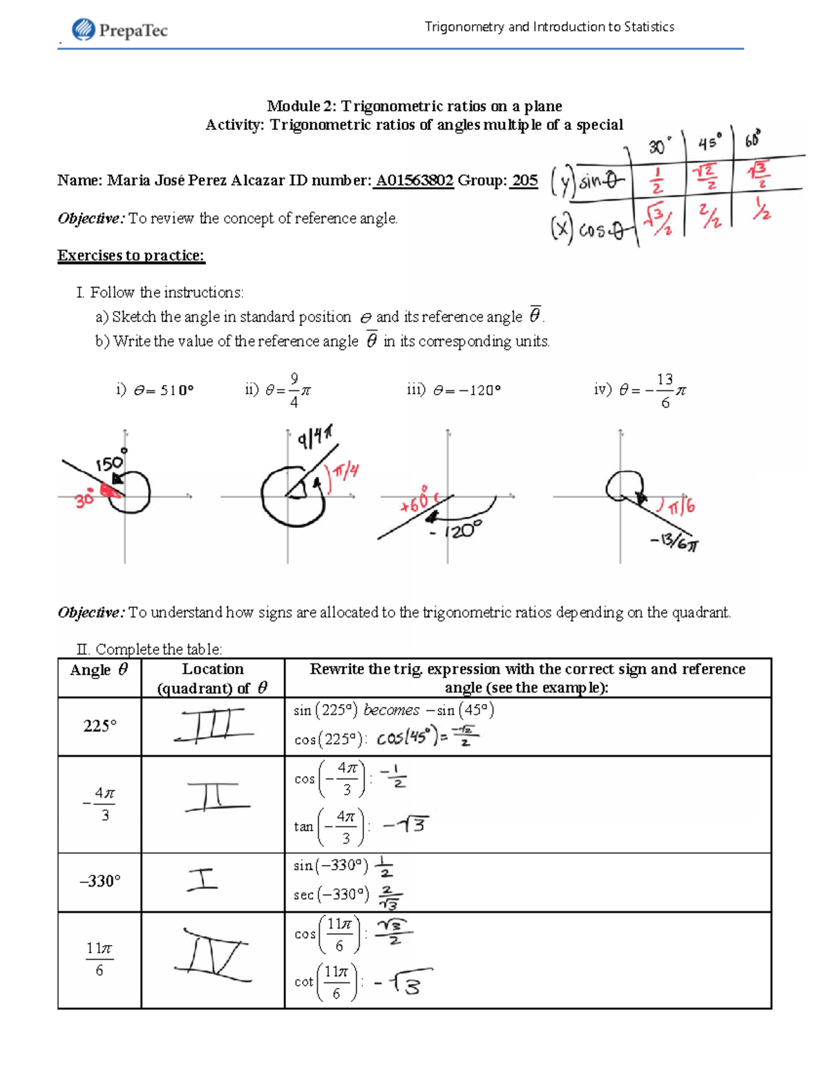 M2: Trigonometric Ratios & Reference Angles Activity - Studocu