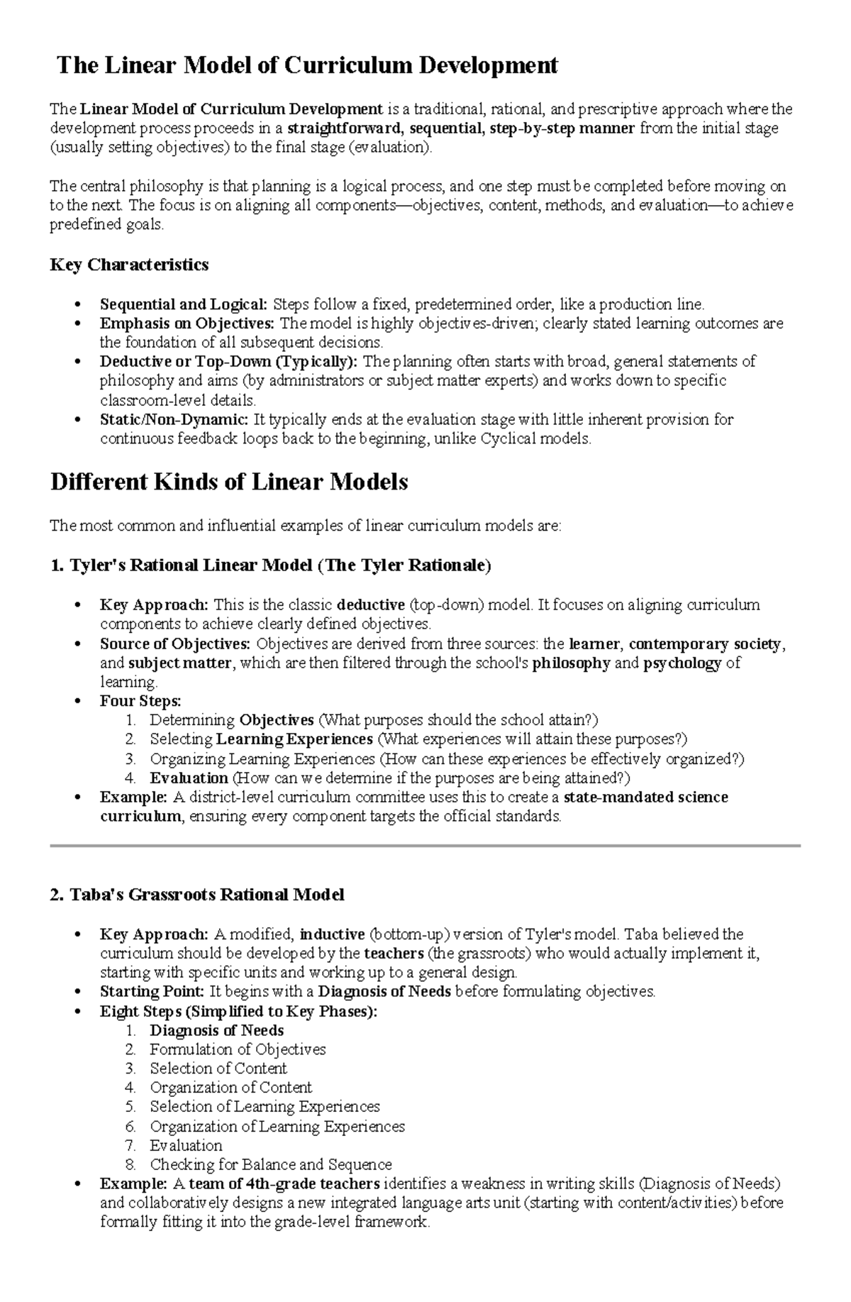 Linear Curriculum Development Models: A Comprehensive Overview - Studocu