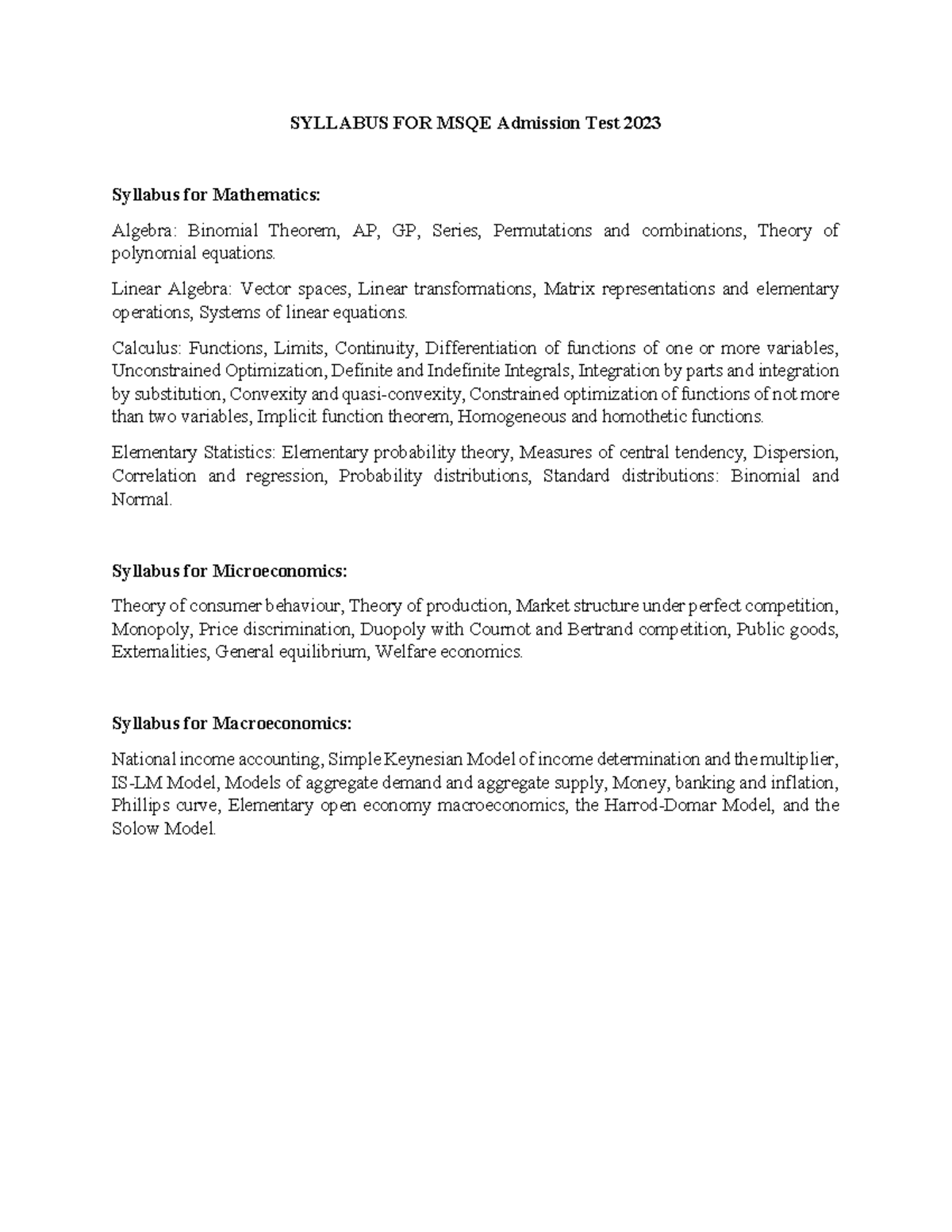 MSQE Admission Test 2023 Syllabus: Math & Econ Topics - Studocu