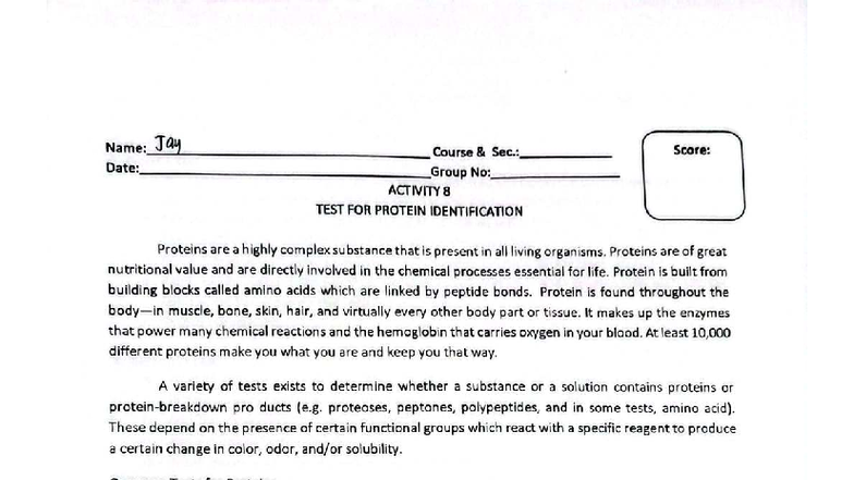 Biochemistry Lab Manual: Activity 8 - Protein Identification Tests ...