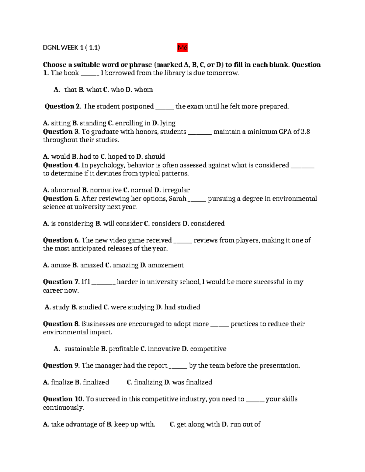 DGNL M6 Week 1 - Fill in the Blanks & Error Correction Exercises - Studocu