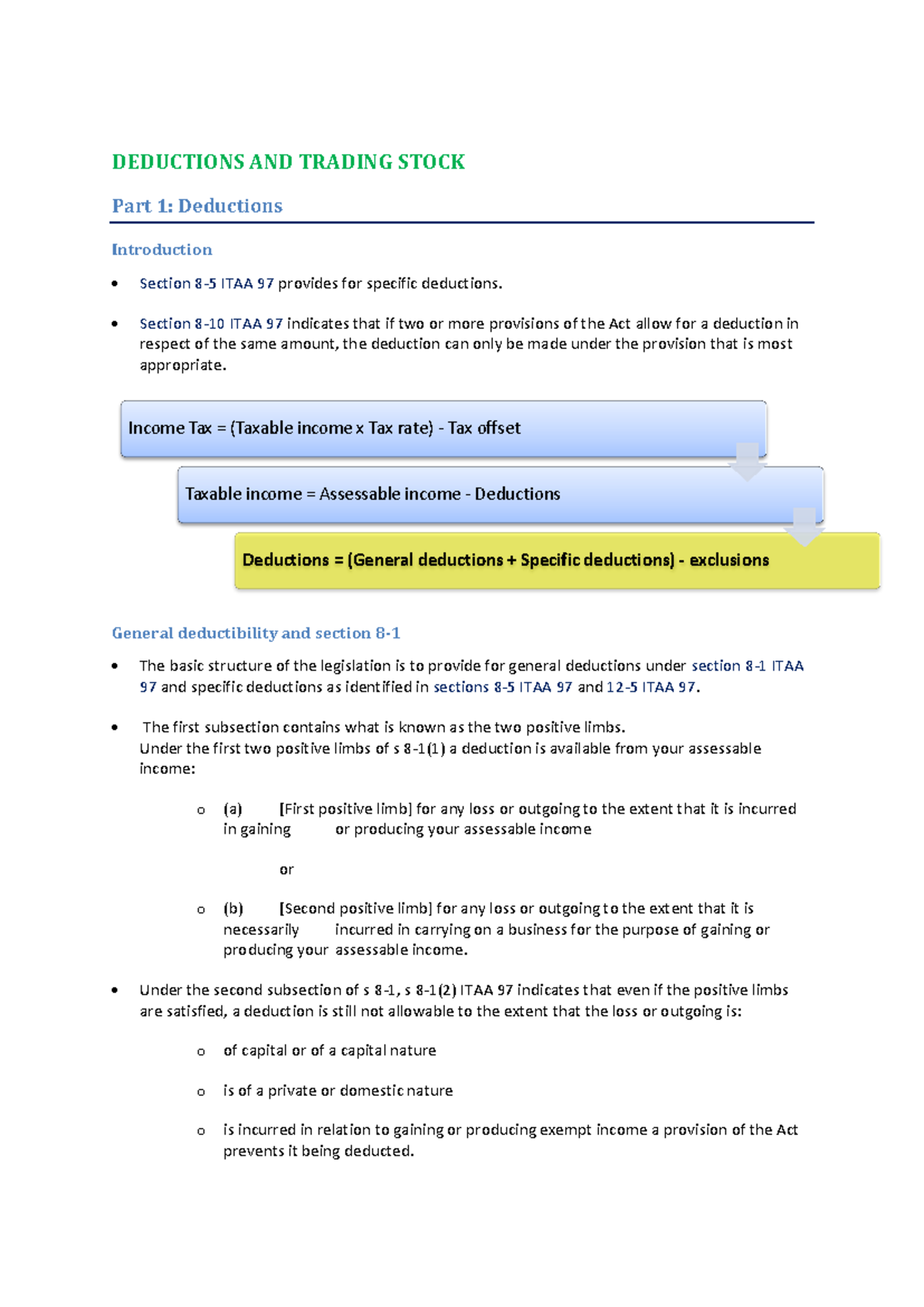**DEDUCTIONS AND TRADING STOCK Summary Notes - ITAA Sections Overview ...