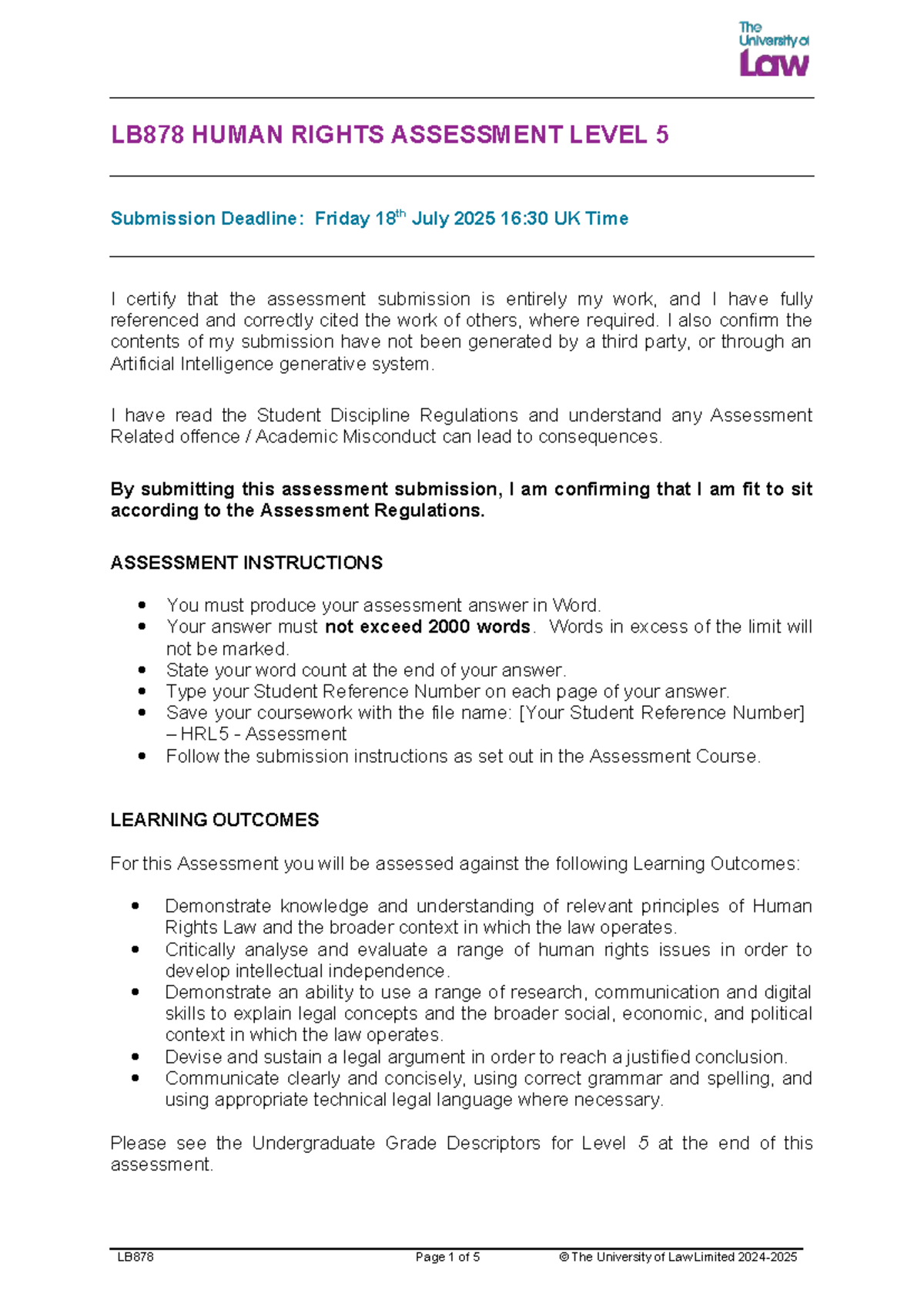LB878 Human Rights Law Level 5 Assessment Submission - July 2025 - Studocu