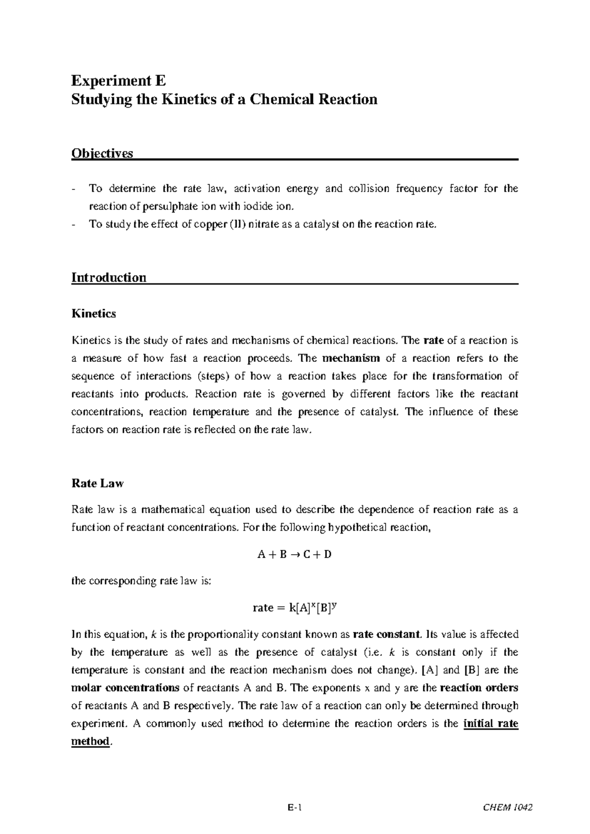 Experiment E: Kinetics Study of Chemical Reactions and Activation ...