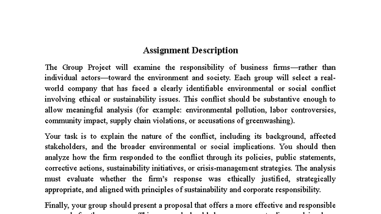 Assignment 2: Group Project on Business Ethics & Sustainability Issues ...