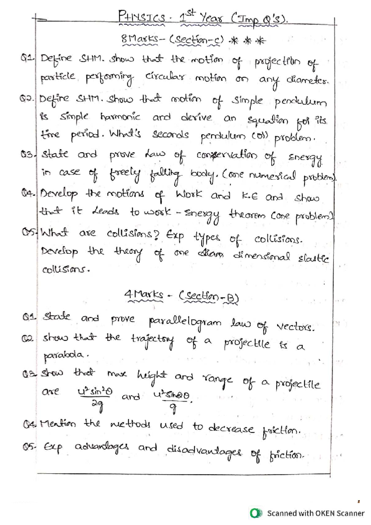 Physics 1st Year: Important Questions for Exam Preparation - Studocu