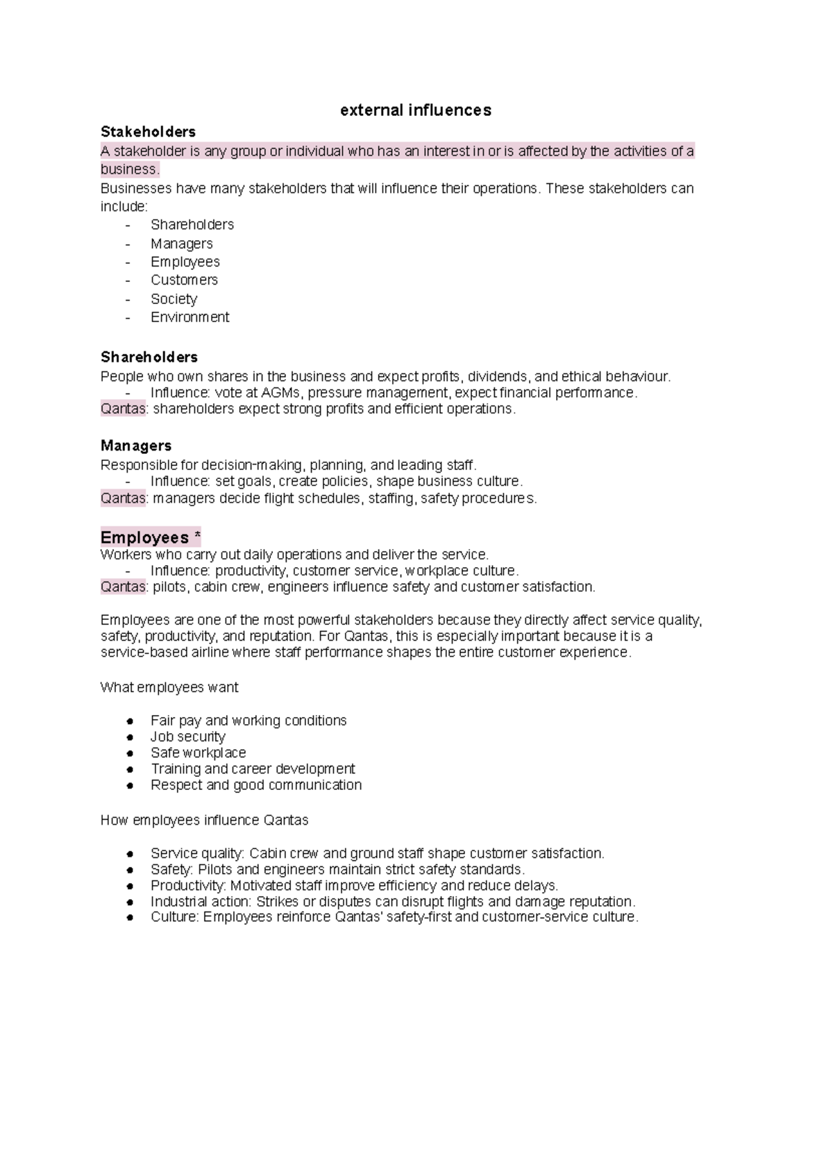 External Influences on Stakeholders in Business: Qantas Case Study ...