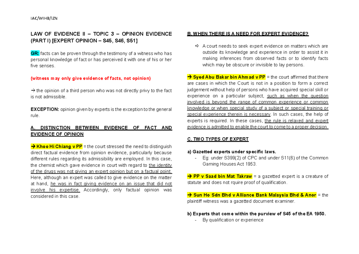 LAW OF EVIDENCE II: TOPIC 3 - OPINION EVIDENCE (PART I) - Studocu
