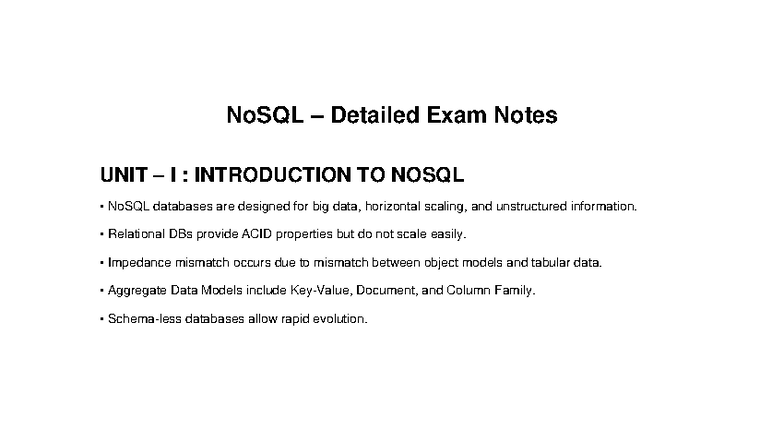 NoSQL Exam Notes (Unit I-V) - Key Concepts & Models - Studocu