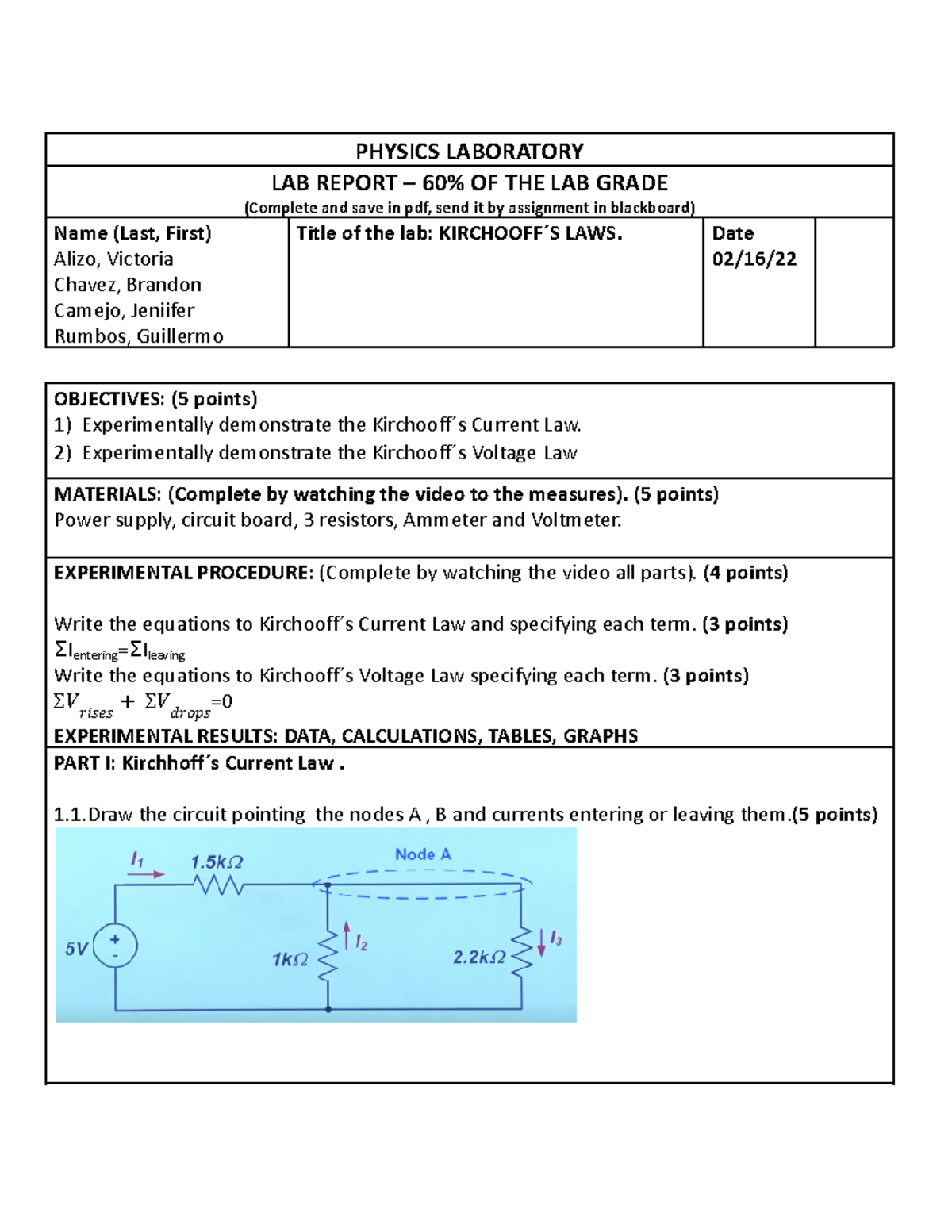 LAB- Report Kirchhof´S LAW - PHYSICS LABORATORY LAB REPORT – 60% OF THE ...