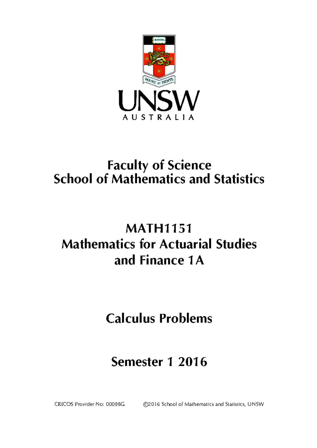 Problembk 16 - MATH1151 problems - Faculty of Science School of ...