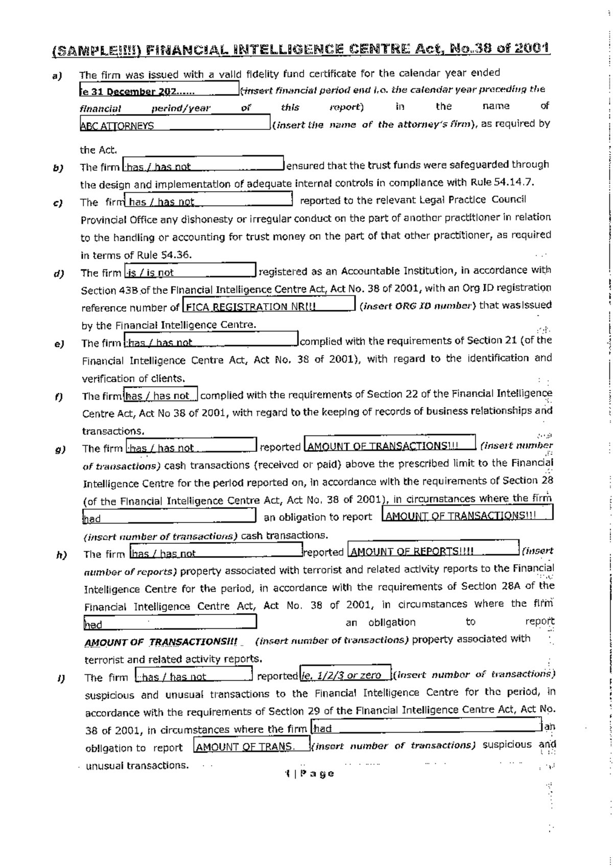 Example on How to Answer FICA Form - FINANCIAL INTELLIGENCE CENTRE Act ...