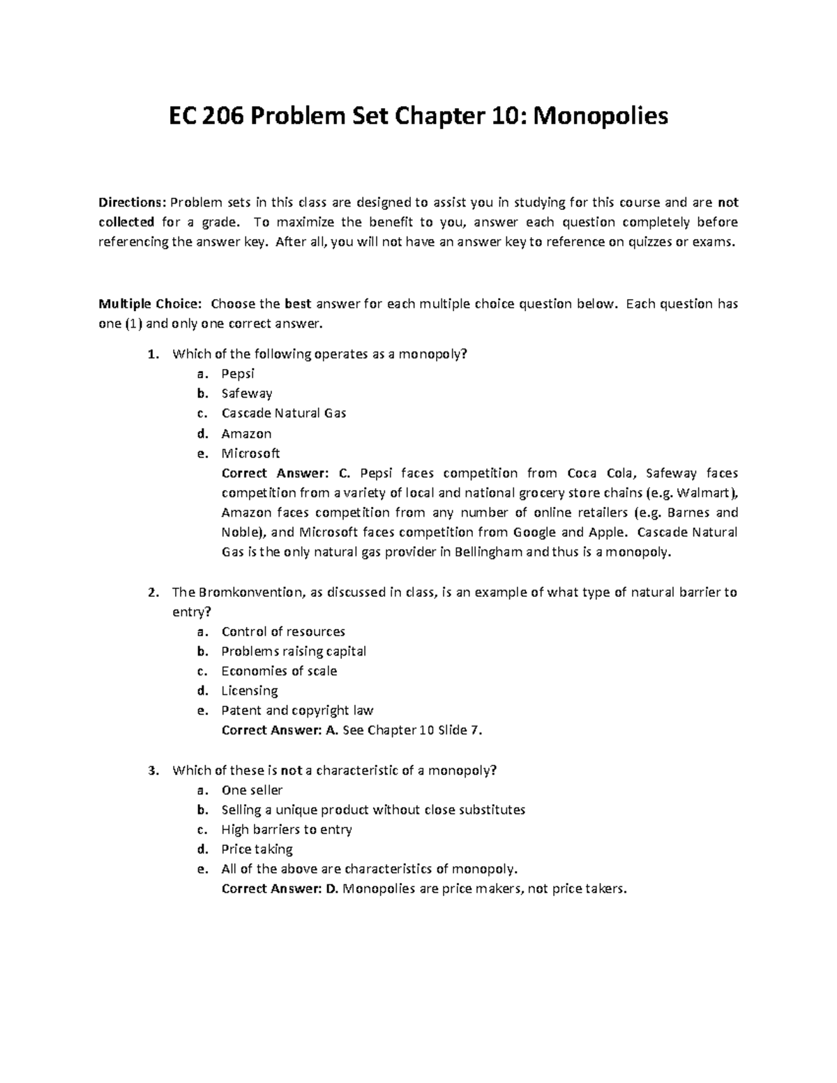 ECON 206 - Problem Set - Chapter 10 - Monopolies - Answer Key - Studocu