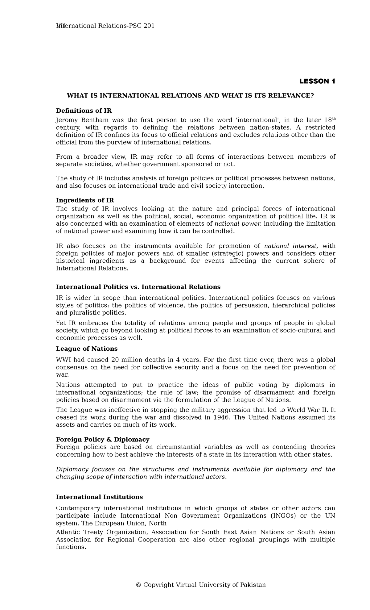 VU International 201 LESSON 1: Understanding International Relations ...