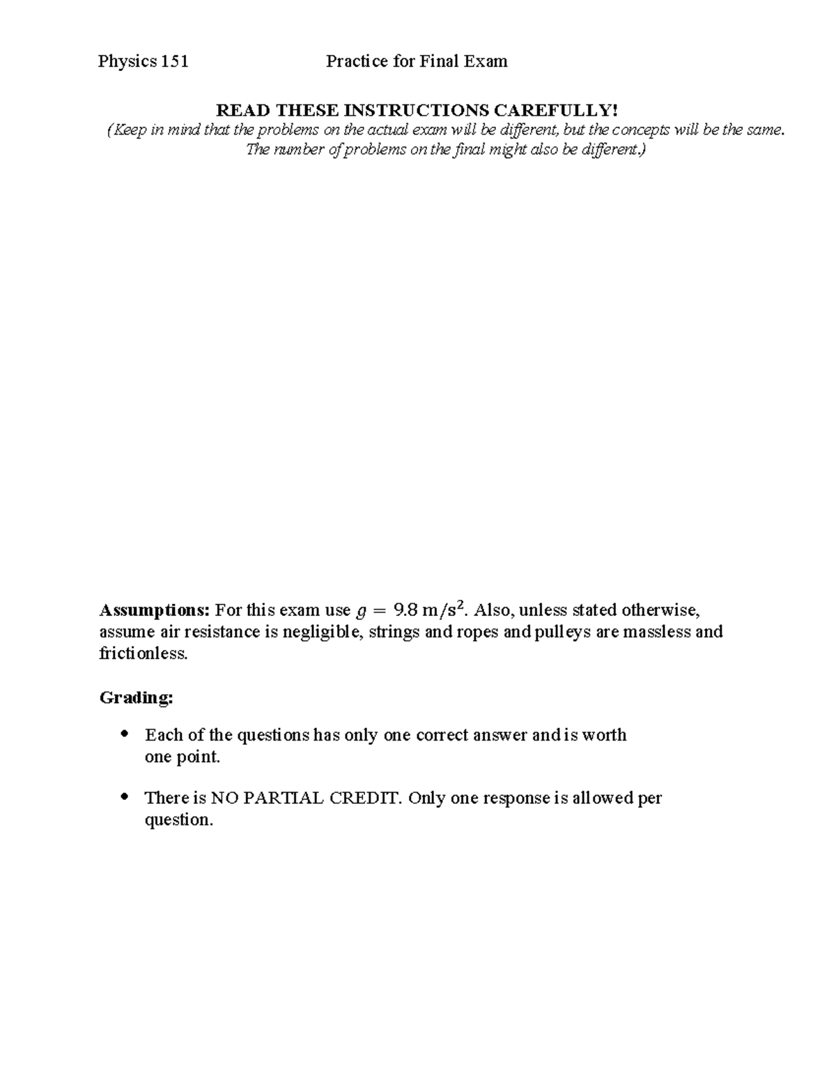 PHYS 101 Final Exam Answers and Instructions Review Guide - Studocu