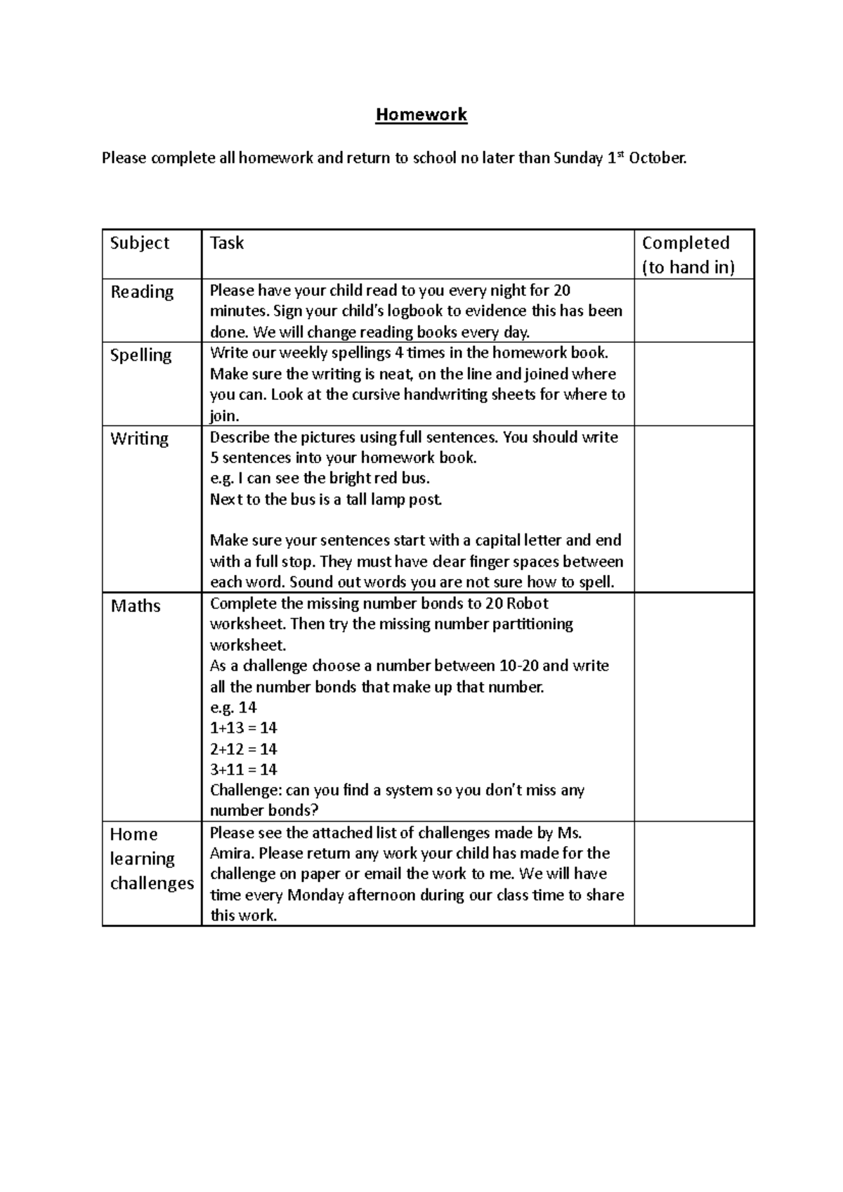 Homework due 01 - Homework Please complete all homework and return to ...