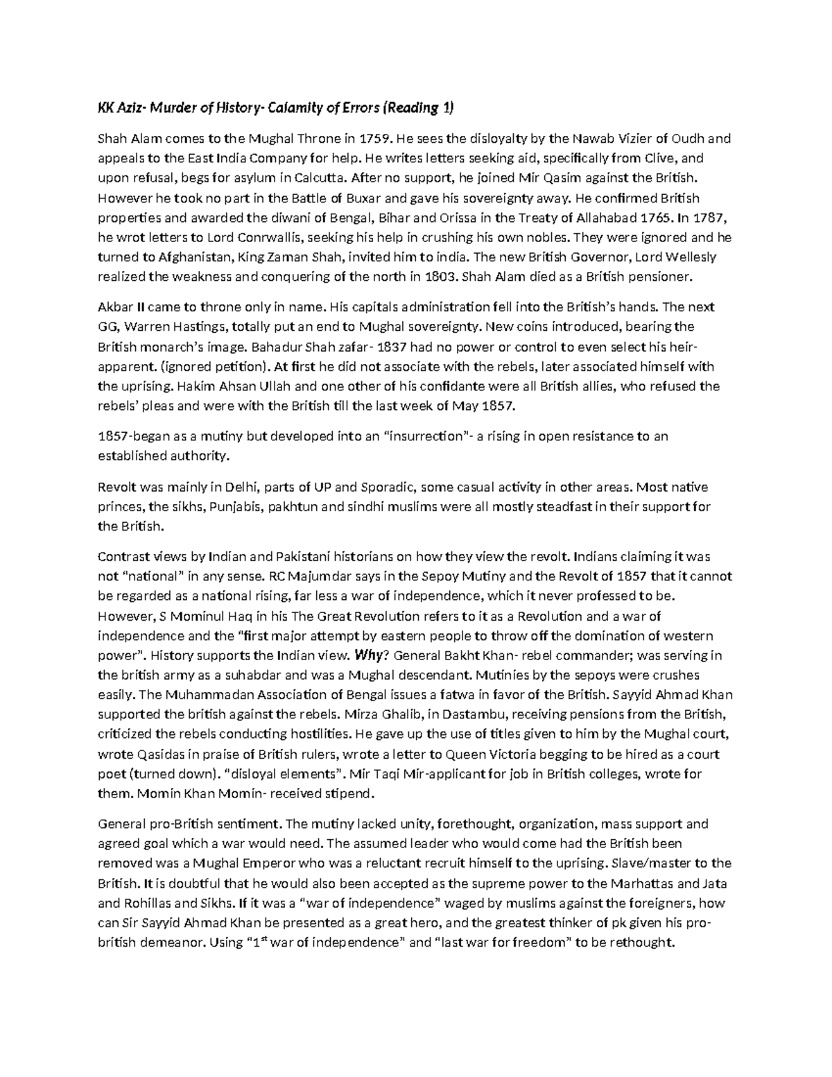 KK Aziz Reading Summary: The 1857 Revolt and Its Historiographical ...