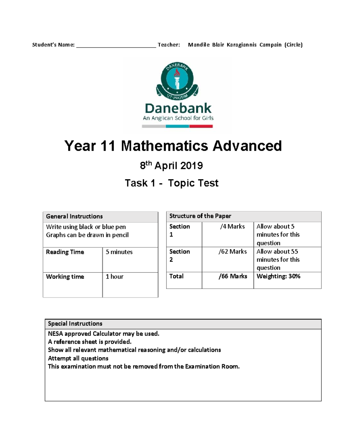 2019 Year 11 Mathematics Advanced Task 1 with solutions - Student’s ...