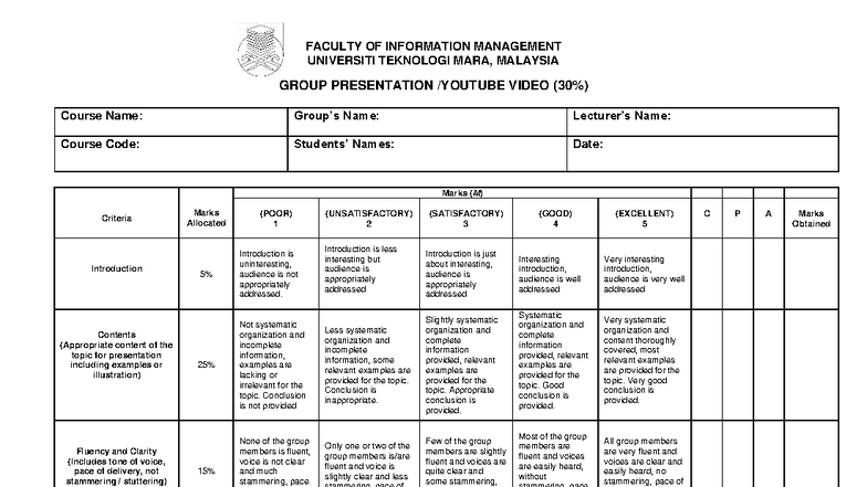 Group Presentation Video Rubric - Course Code: [Insert Code] - Studocu