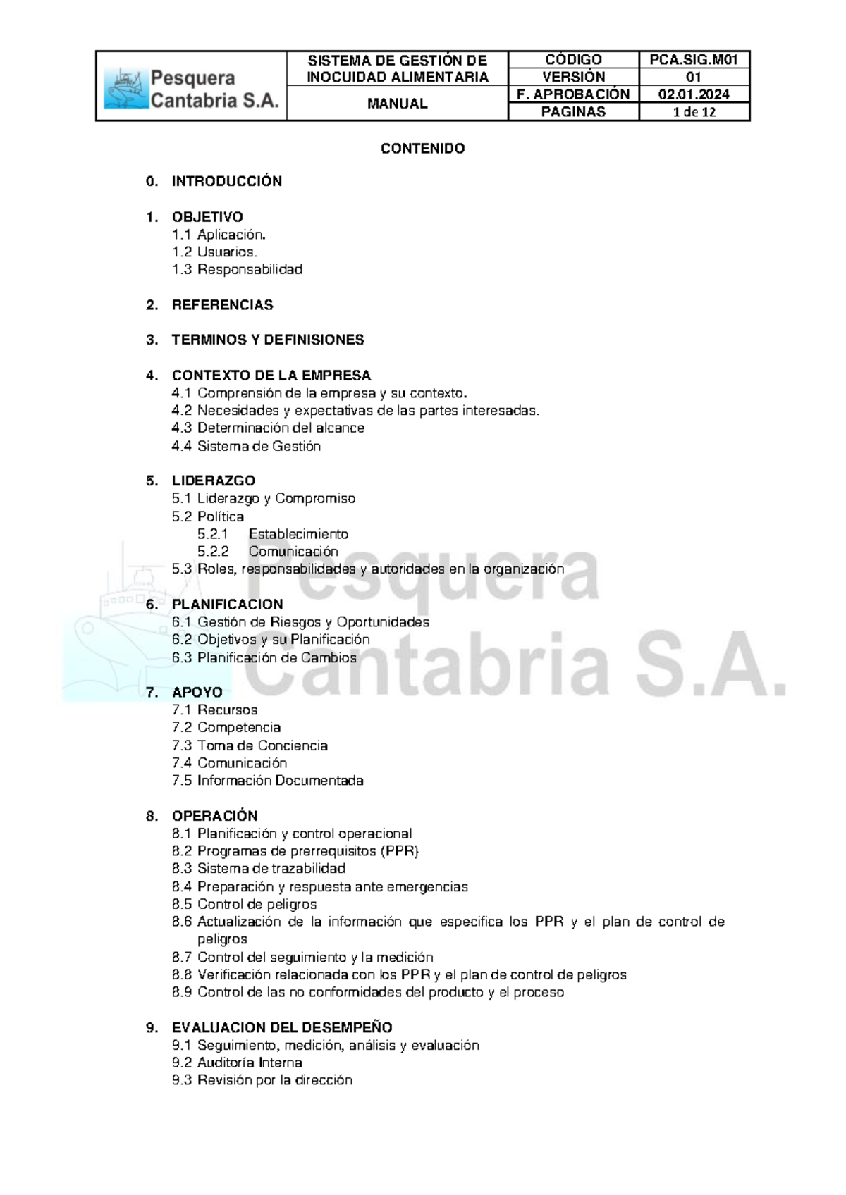 Manual del Sistema de Gestión de Inocuidad Alimentaria PCA.SIG.M01 ...