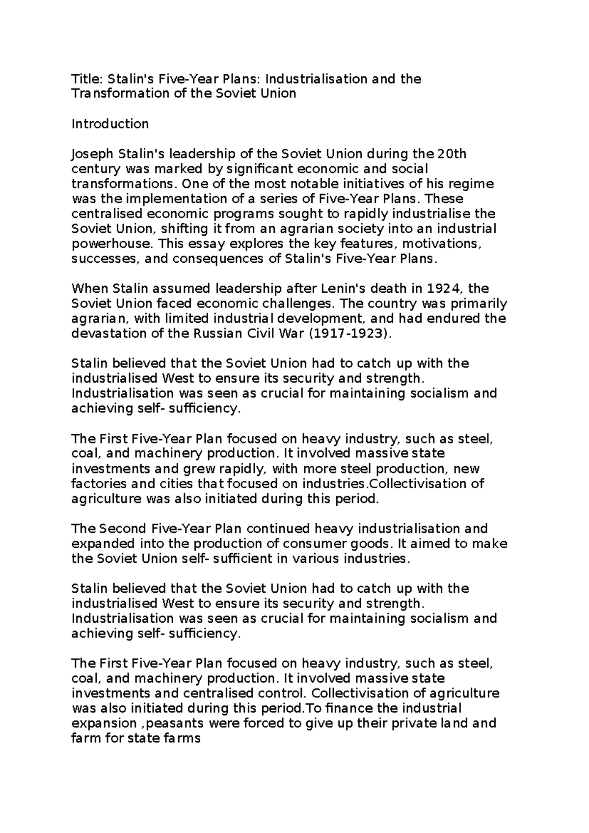 Stalin's Five-Year Plans: Economic Transformation of the USSR - Studocu