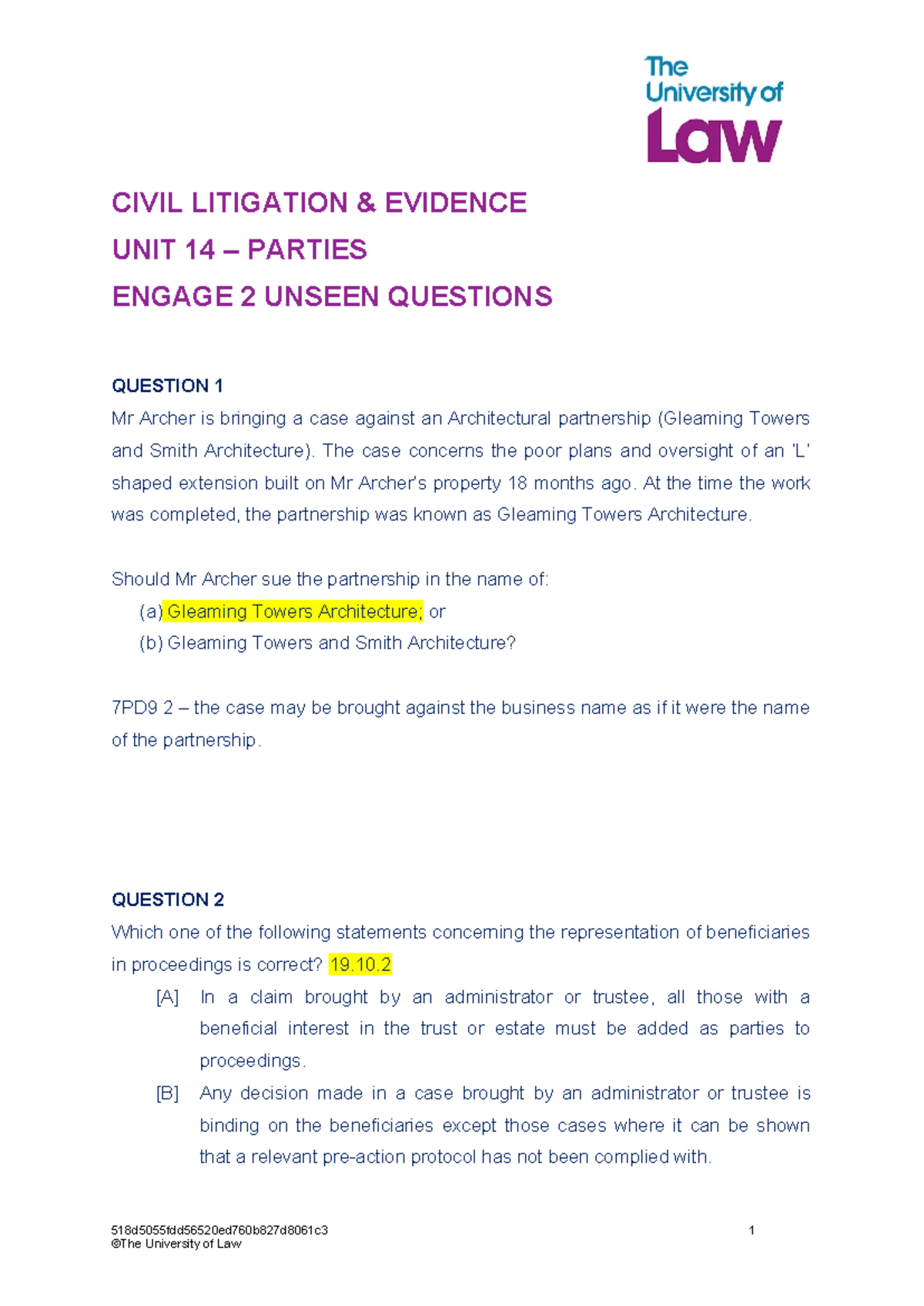 Unit 14 Civil Litigation: Engage 2 Unseen Questions Analysis - Studocu