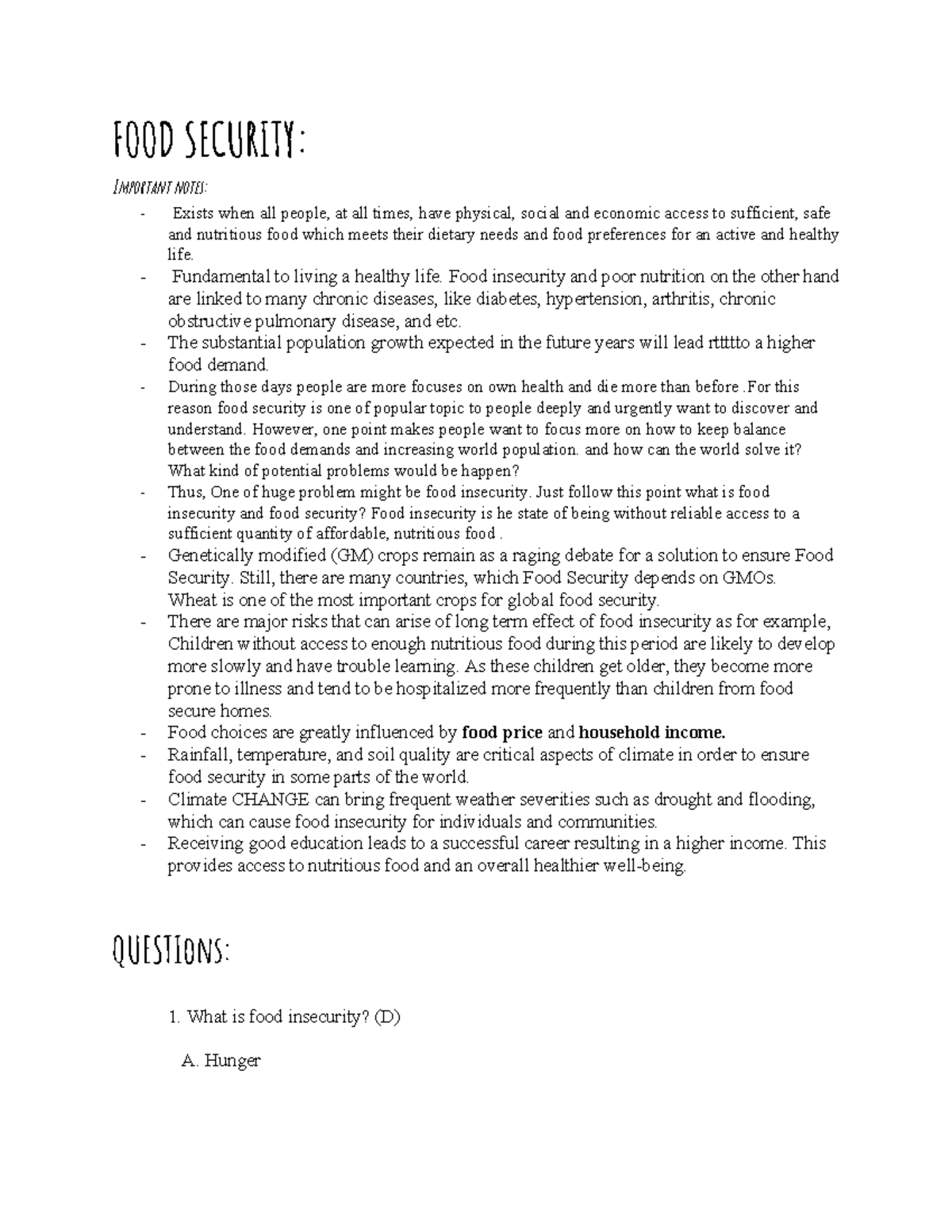 Summary - social determinants of health- food security - FOOD SECURITY ...