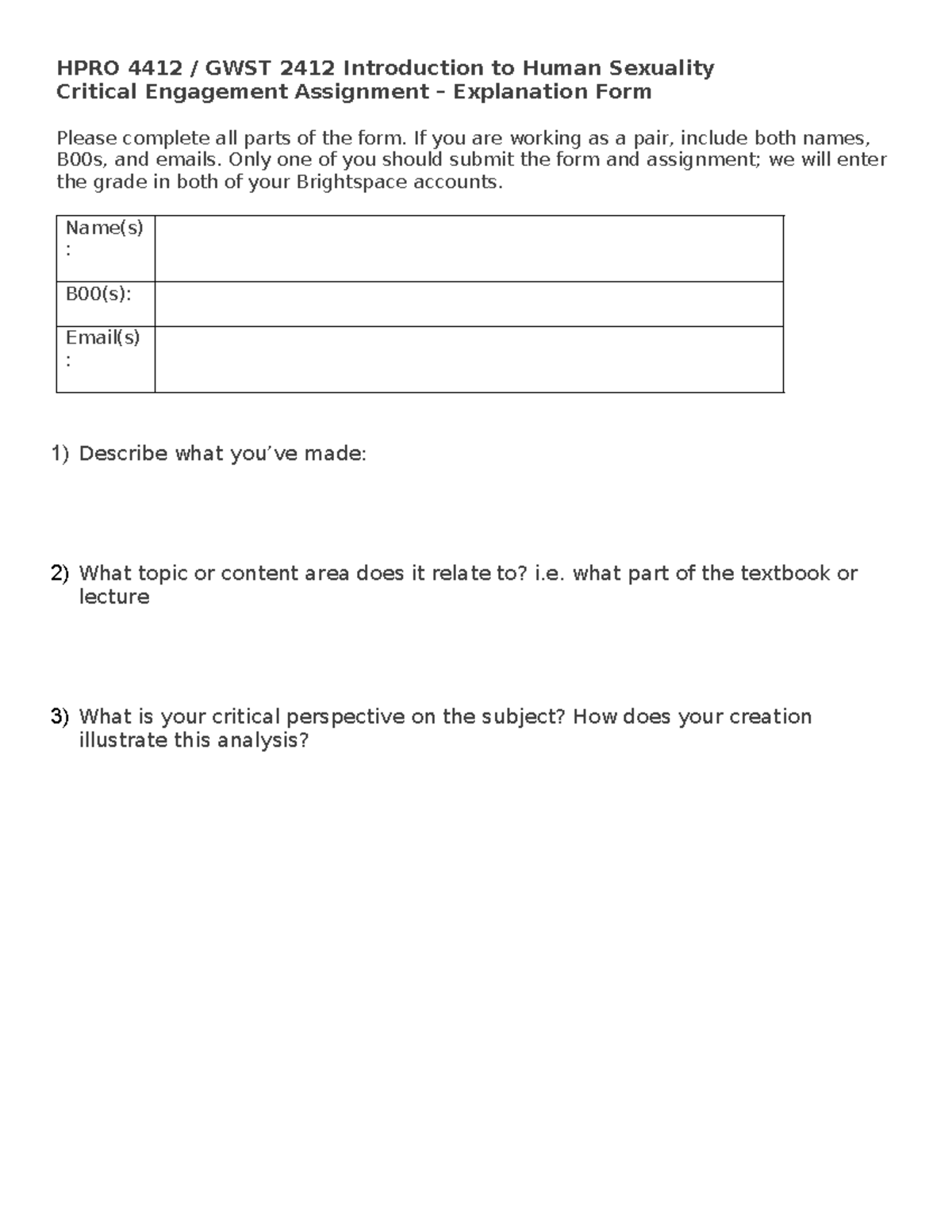 Critical Engagement Assignment - Explanation Form - HPRO 4412 / GWST ...
