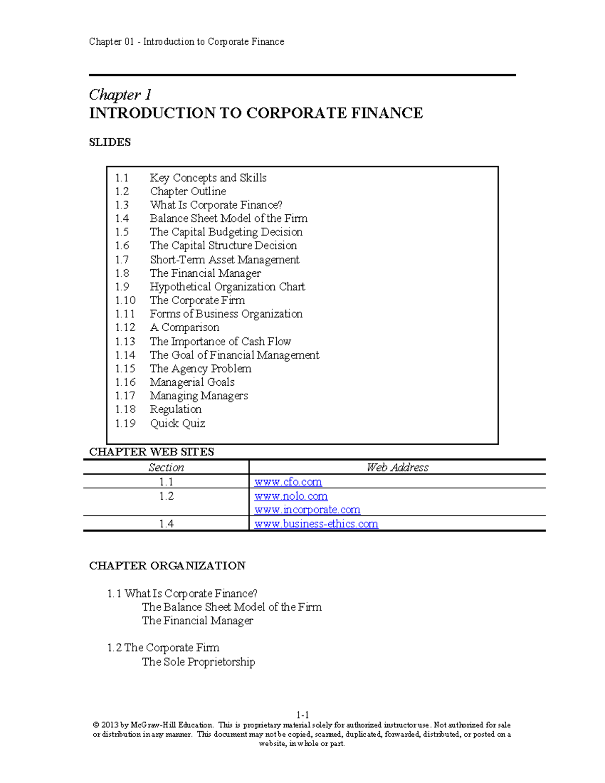 Chapter 01: Intro to Corporate Finance - Key Concepts & Skills - Studocu