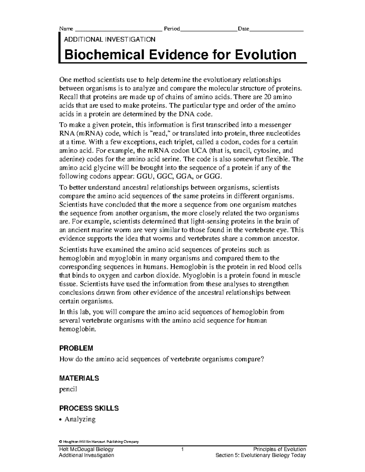 Biochemical Evidence for Evolution: Additional Investigation (BIO 101 ...