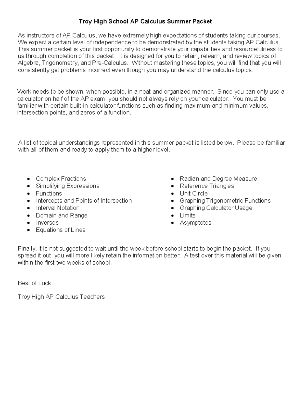 THS AP Calculus Summer Review Packet with Solutions - Studocu