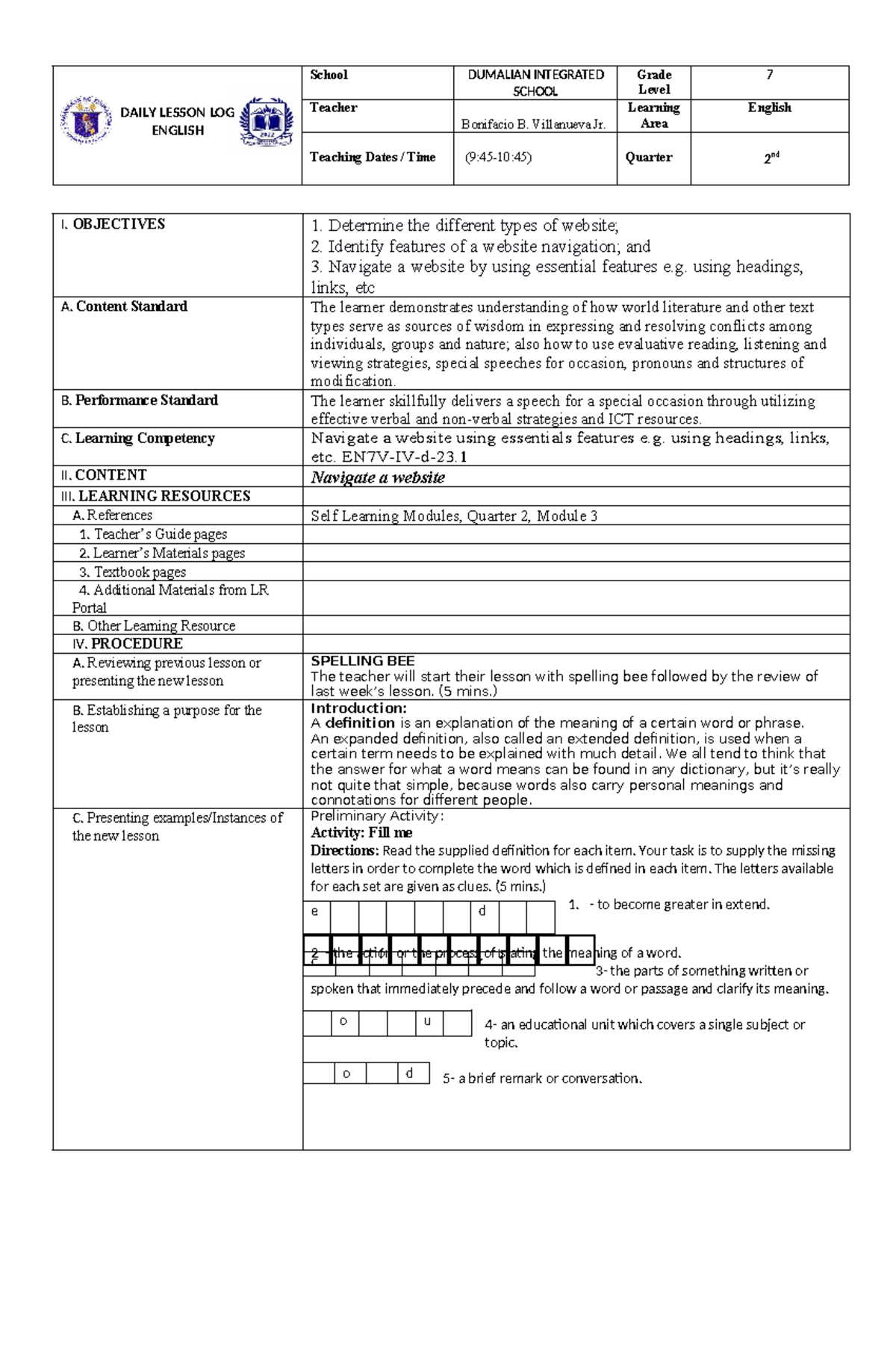Lesson Plan for English G7 Q2: Website Navigation Skills - Studocu