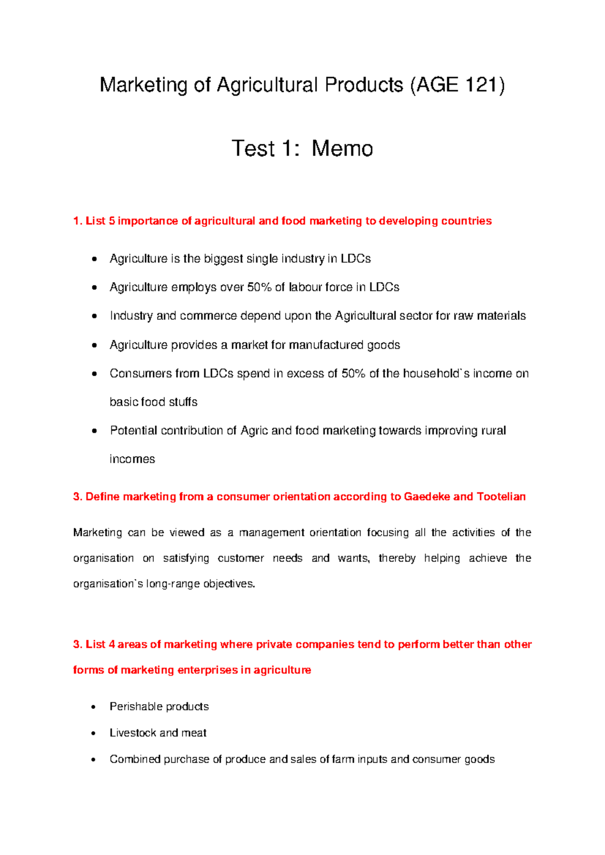 Test 1 19 June 2019, questions and answers - Marketing of Agricultural ...