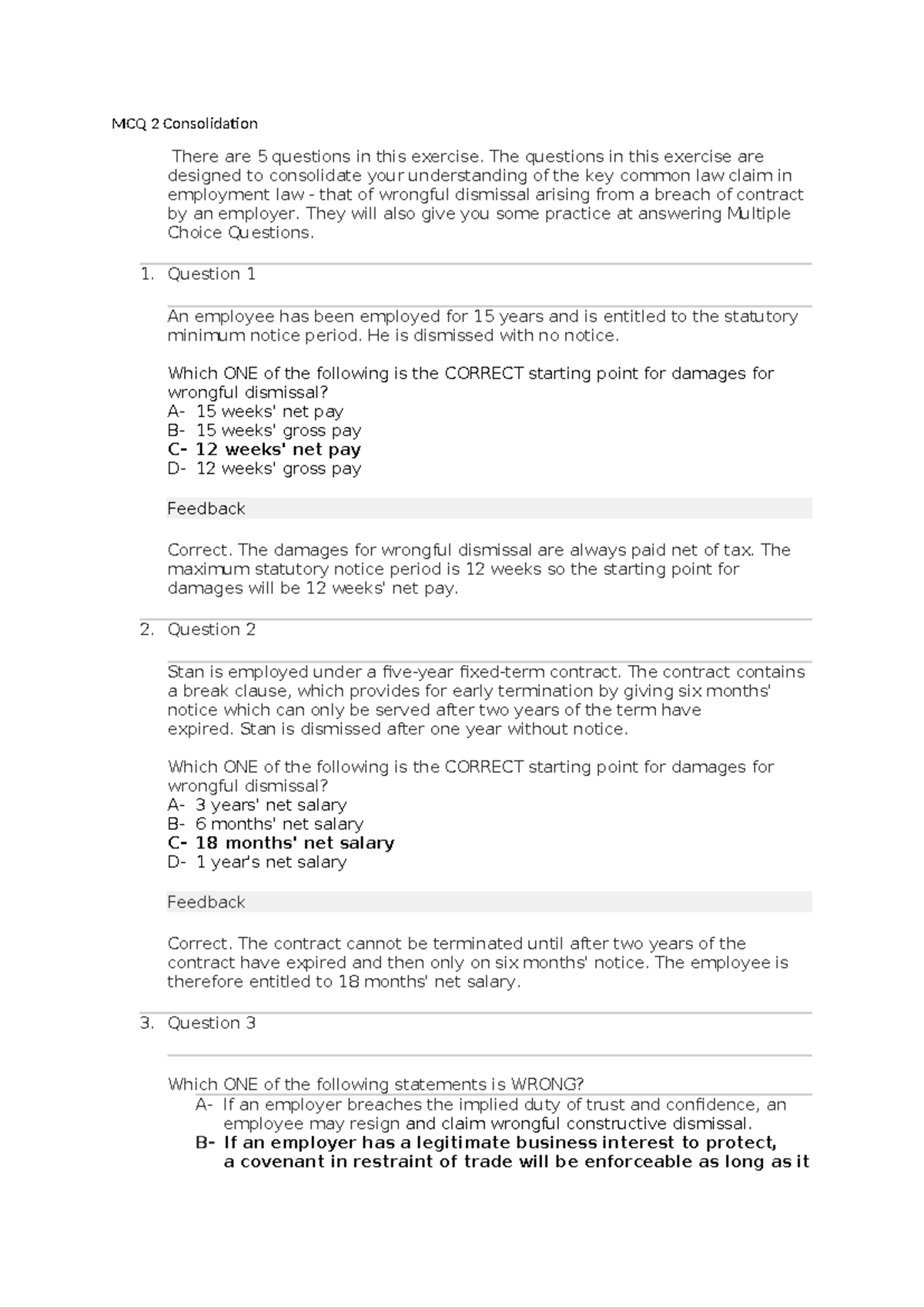 MCQ 2 Consolidation - Practice Questions & Answers on Wrongful ...