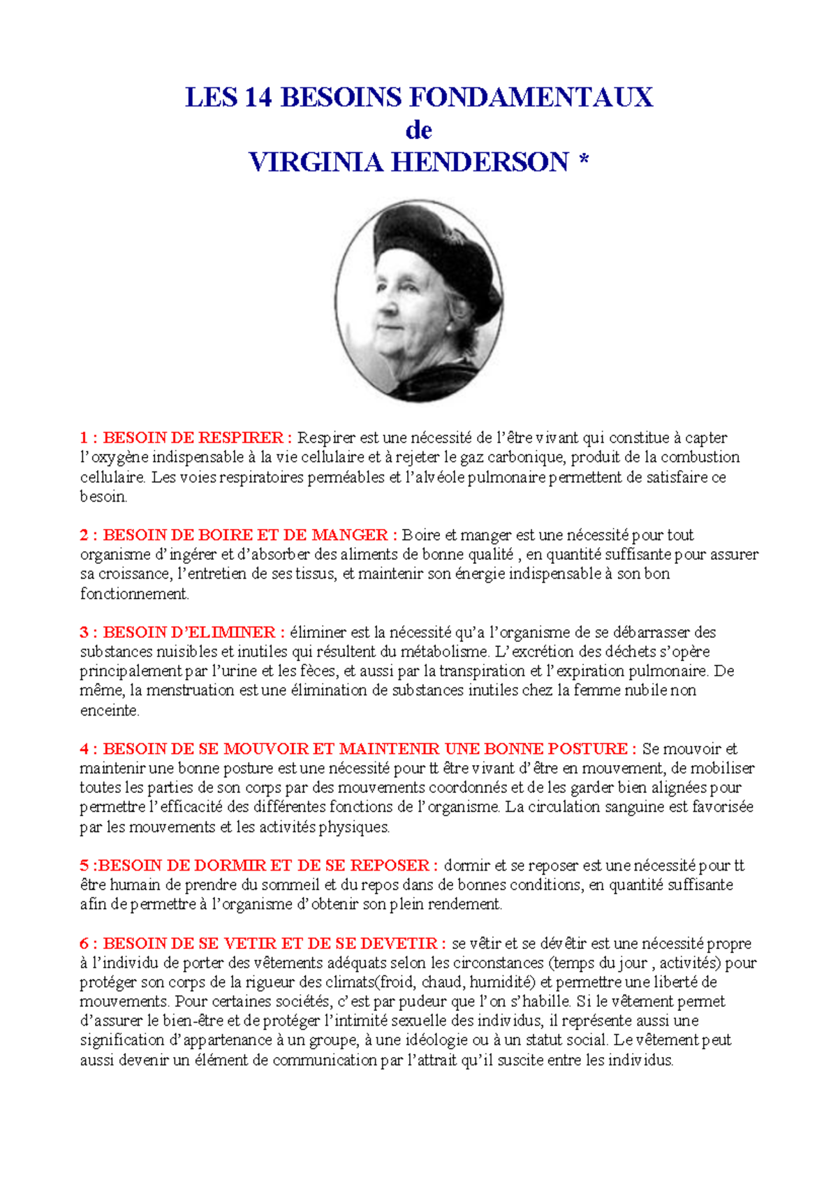 Les 14 besoins fondamentaux - LES 14 BESOINS FONDAMENTAUX de VIRGINIA ...