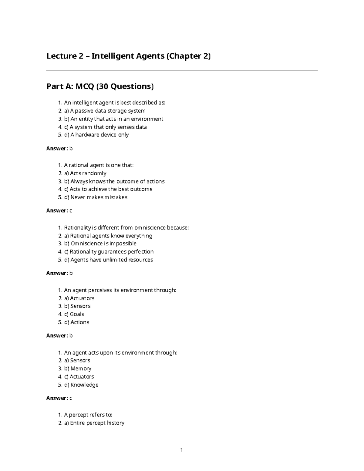 Lecture 2 Intelligent Agents (Chapter 2) MCQ & Answers - Studocu